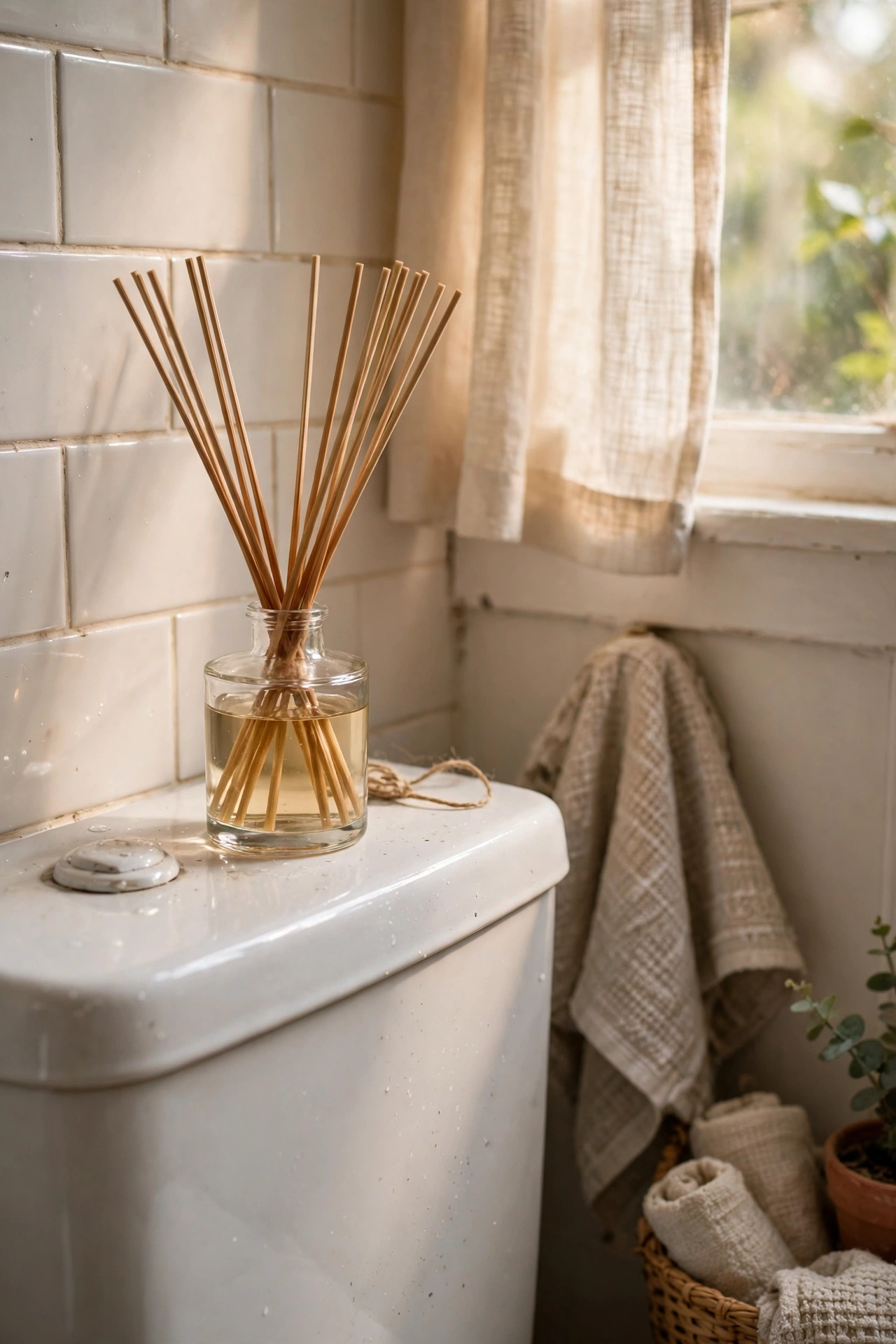 Reed diffuser on the back of a toilet tank in a styled bathroom