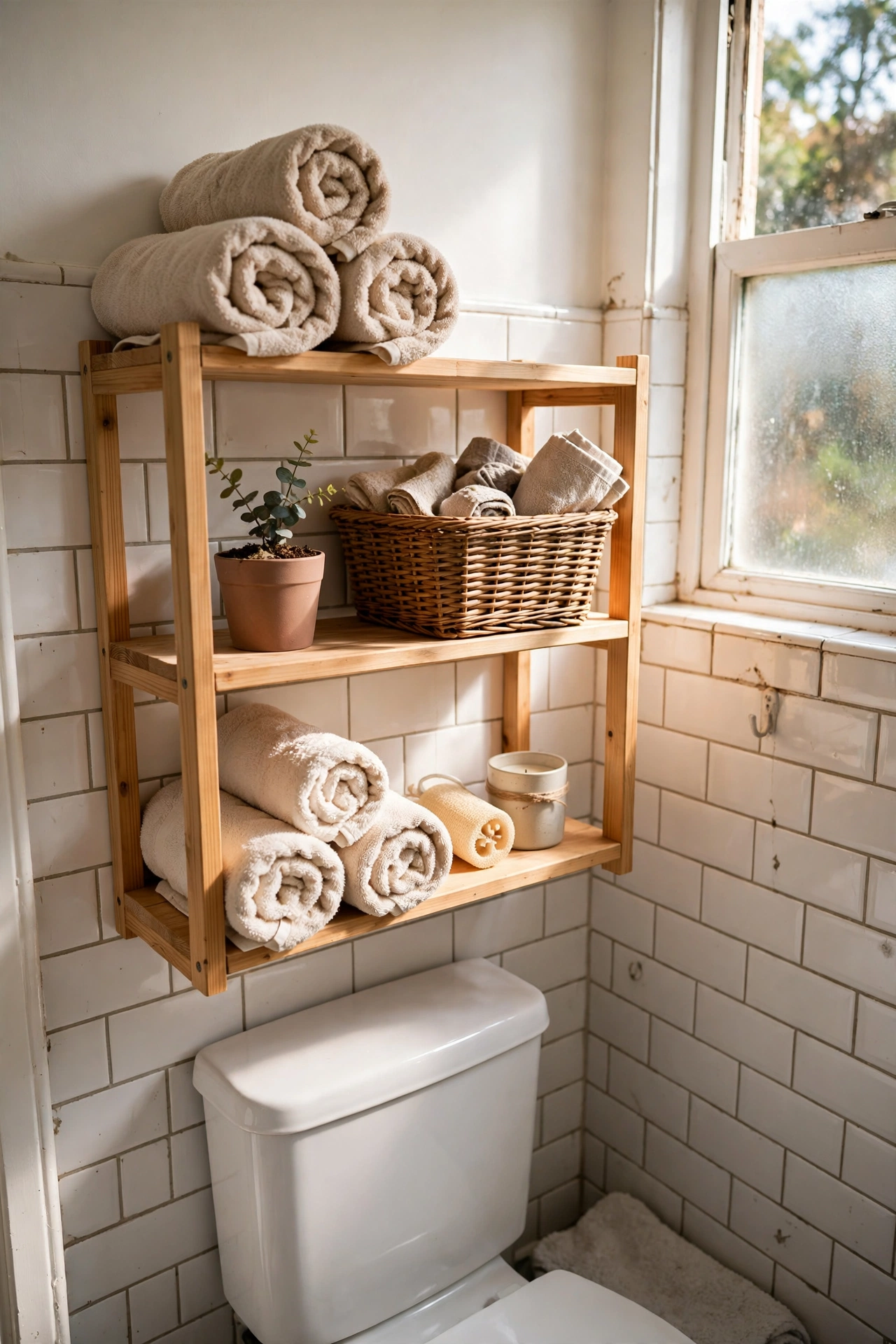 Over-toilet shelf styled with towels, plant and basket