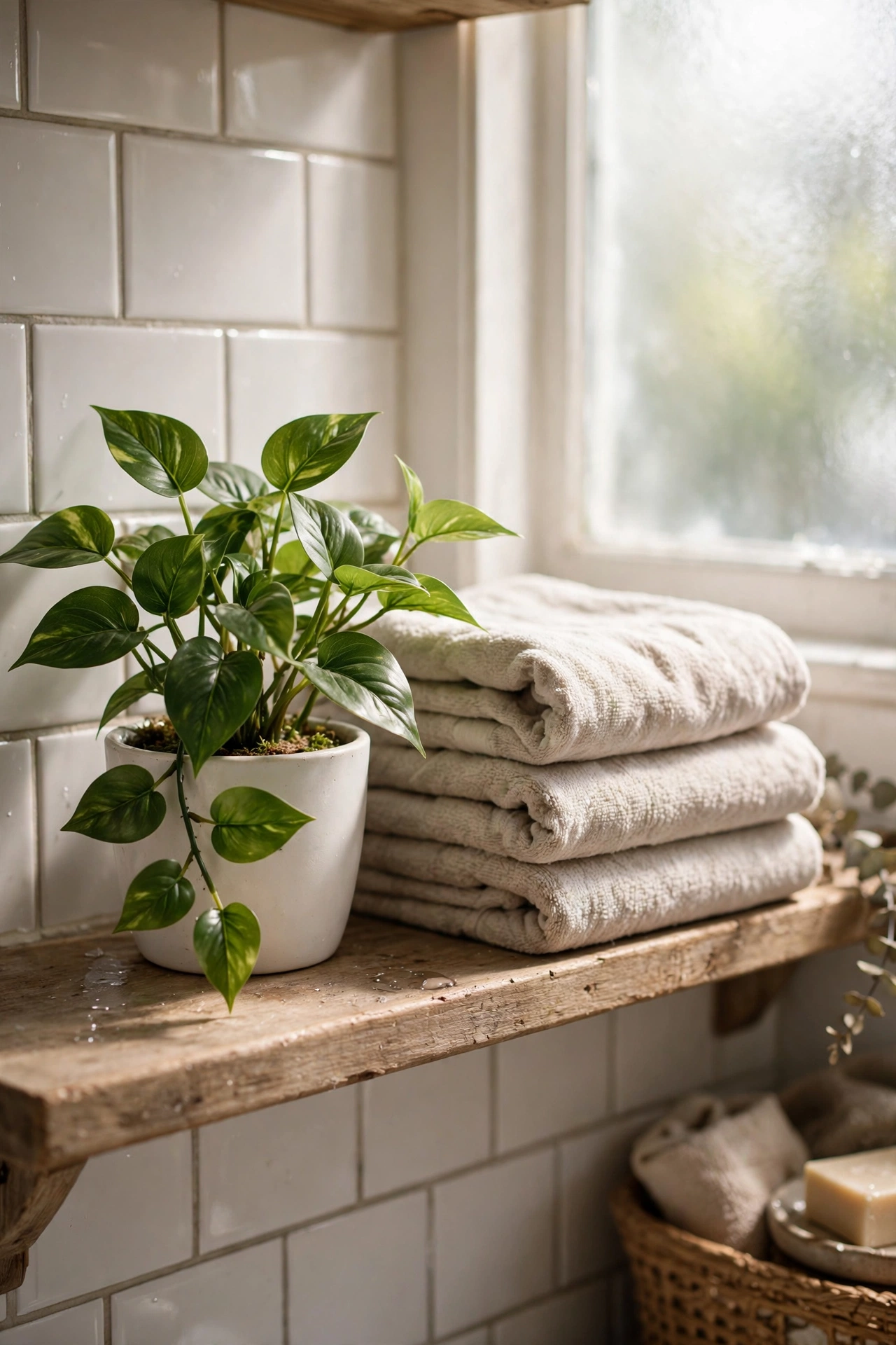 Small faux pothos plant in a ceramic pot on a bathroom shelf
