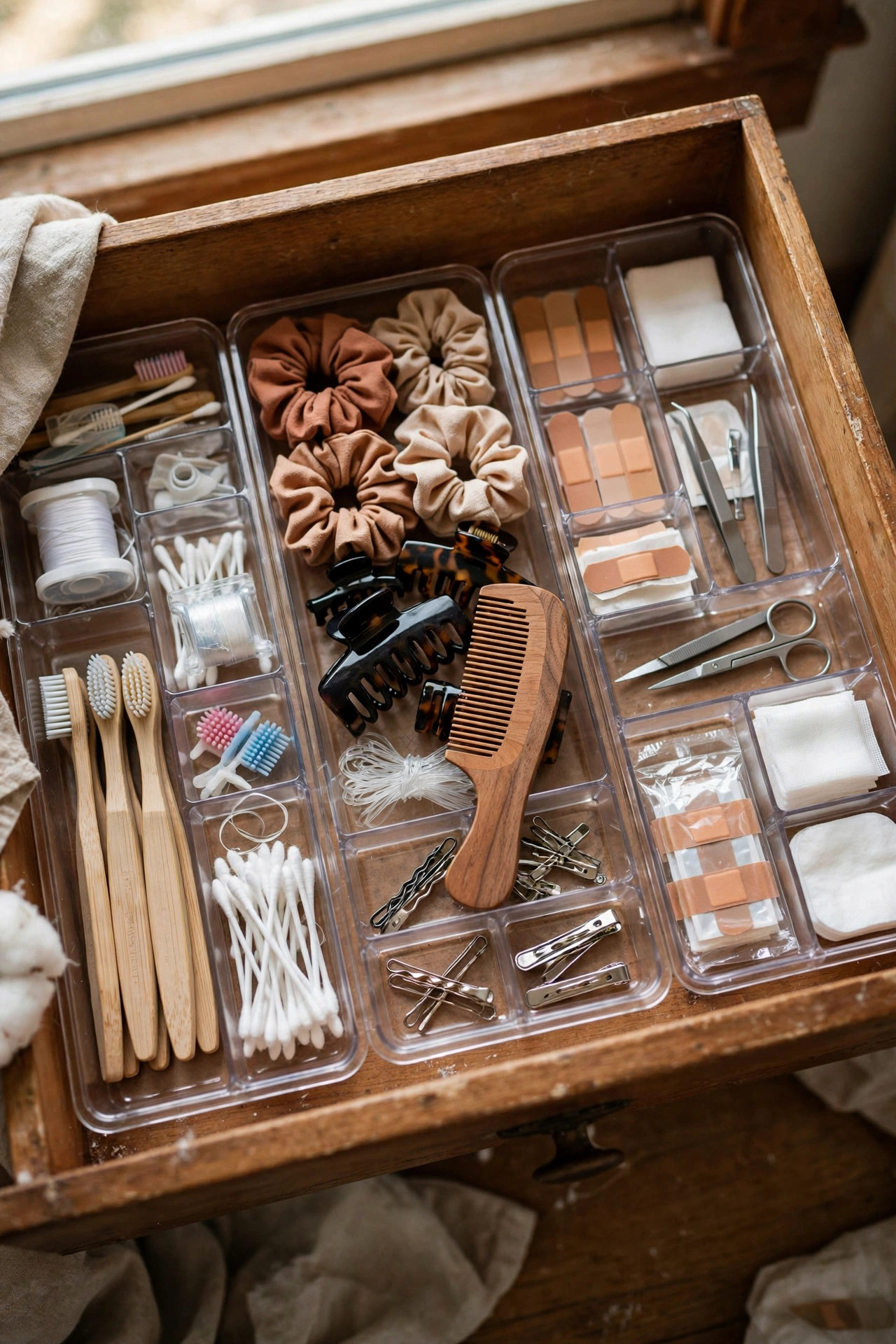 Bathroom drawer sorted into clear organiser trays