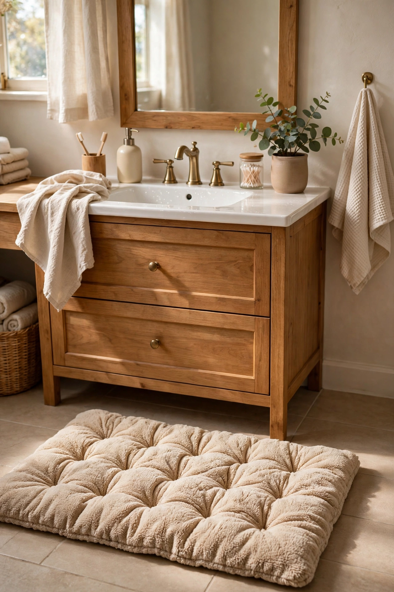 Plush tufted cotton bath mat on a bathroom floor