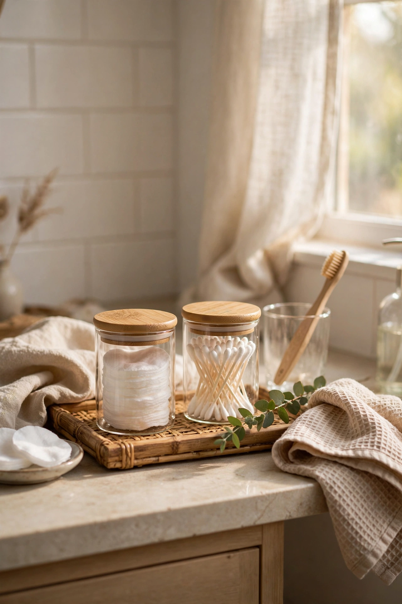 Matching glass jars with cotton pads and swabs on a vanity