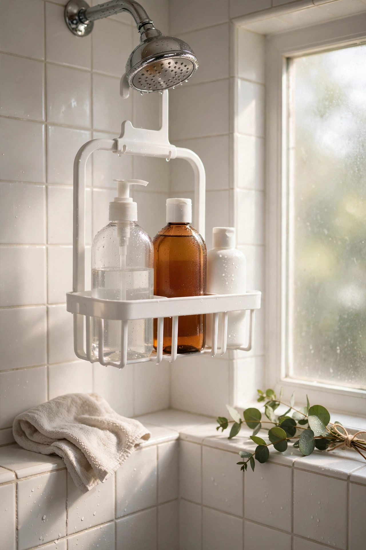 Clean white hanging shower caddy with a few bottles