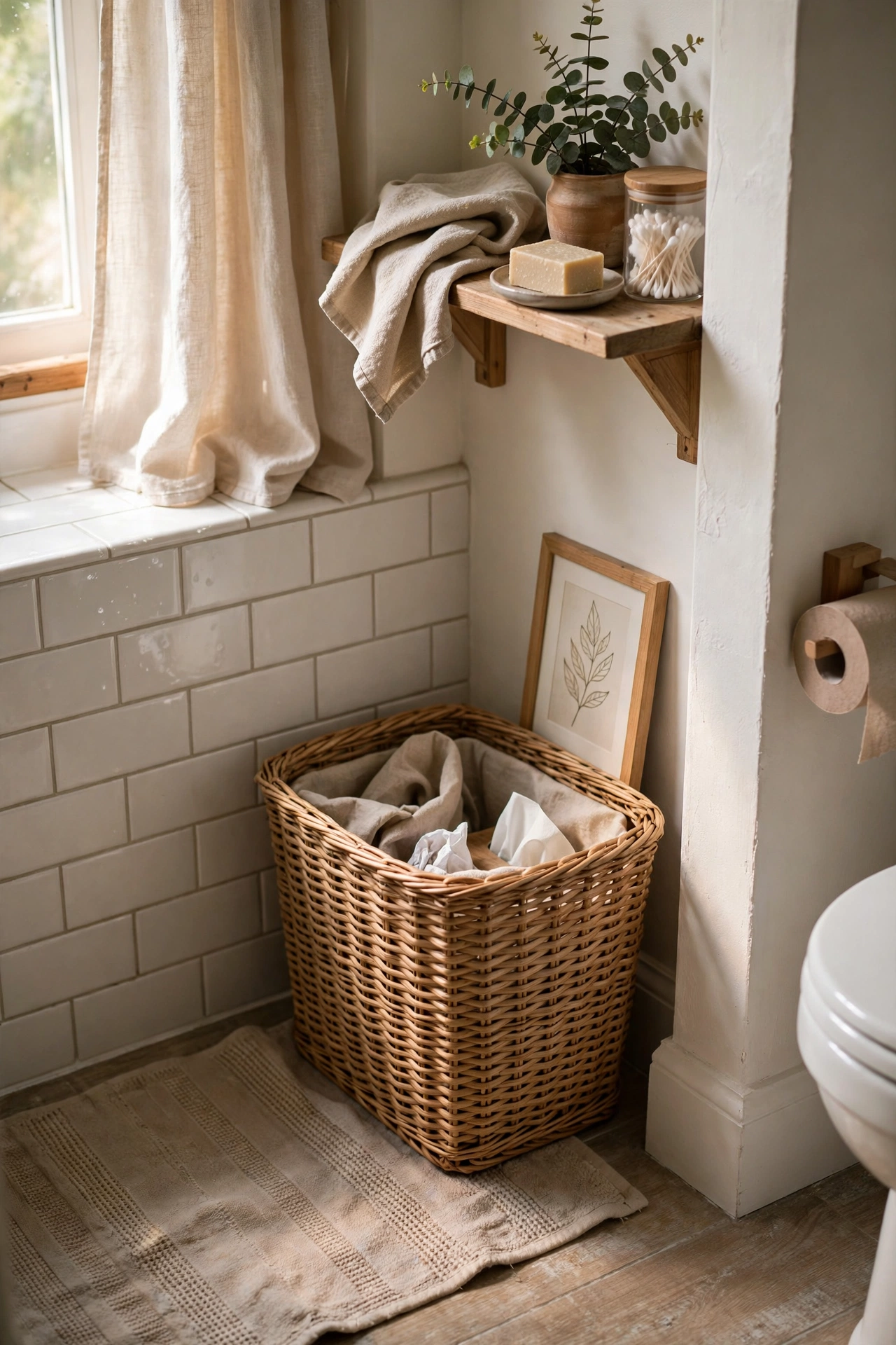 Woven-look wastebasket in a styled bathroom corner
