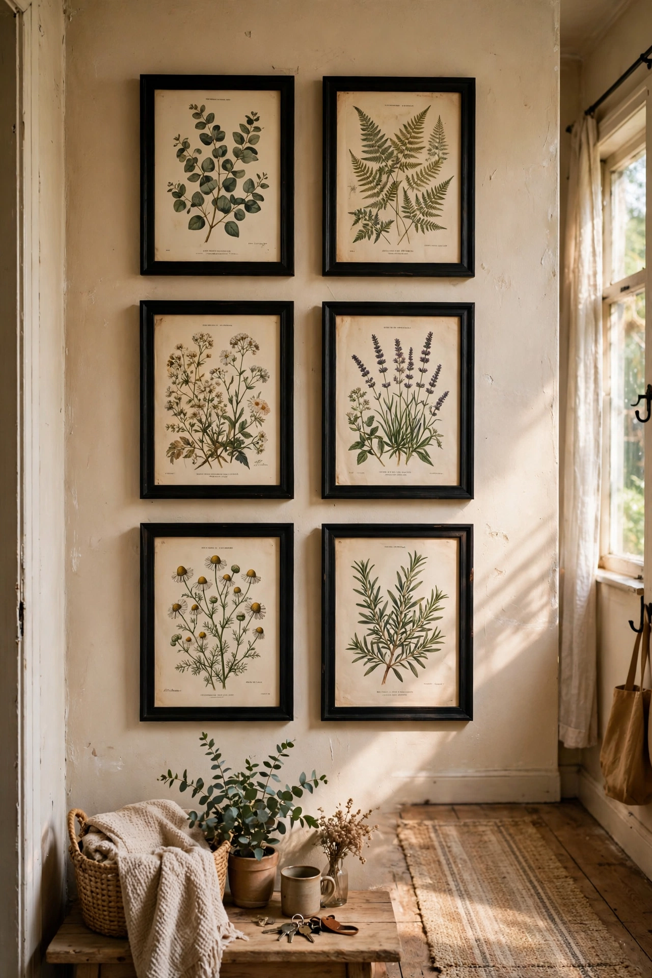 Grid of six framed botanical prints in black frames in a hallway