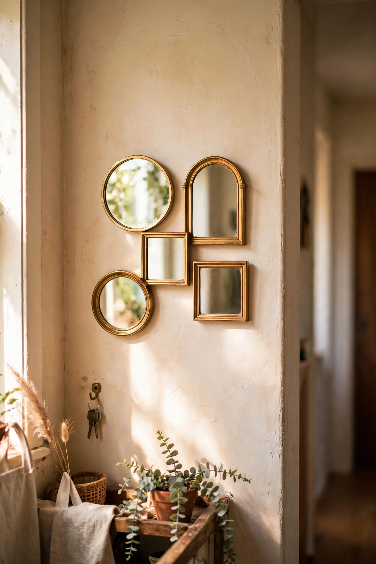Cluster of small mirrors in different shapes on a hallway wall