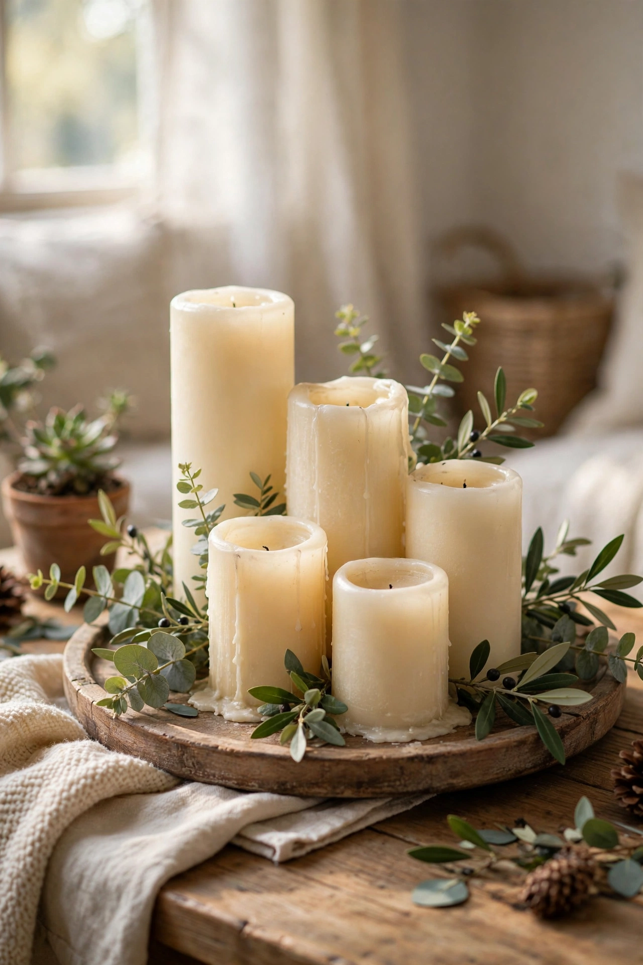 Cluster of pillar candles in different heights on a wooden tray