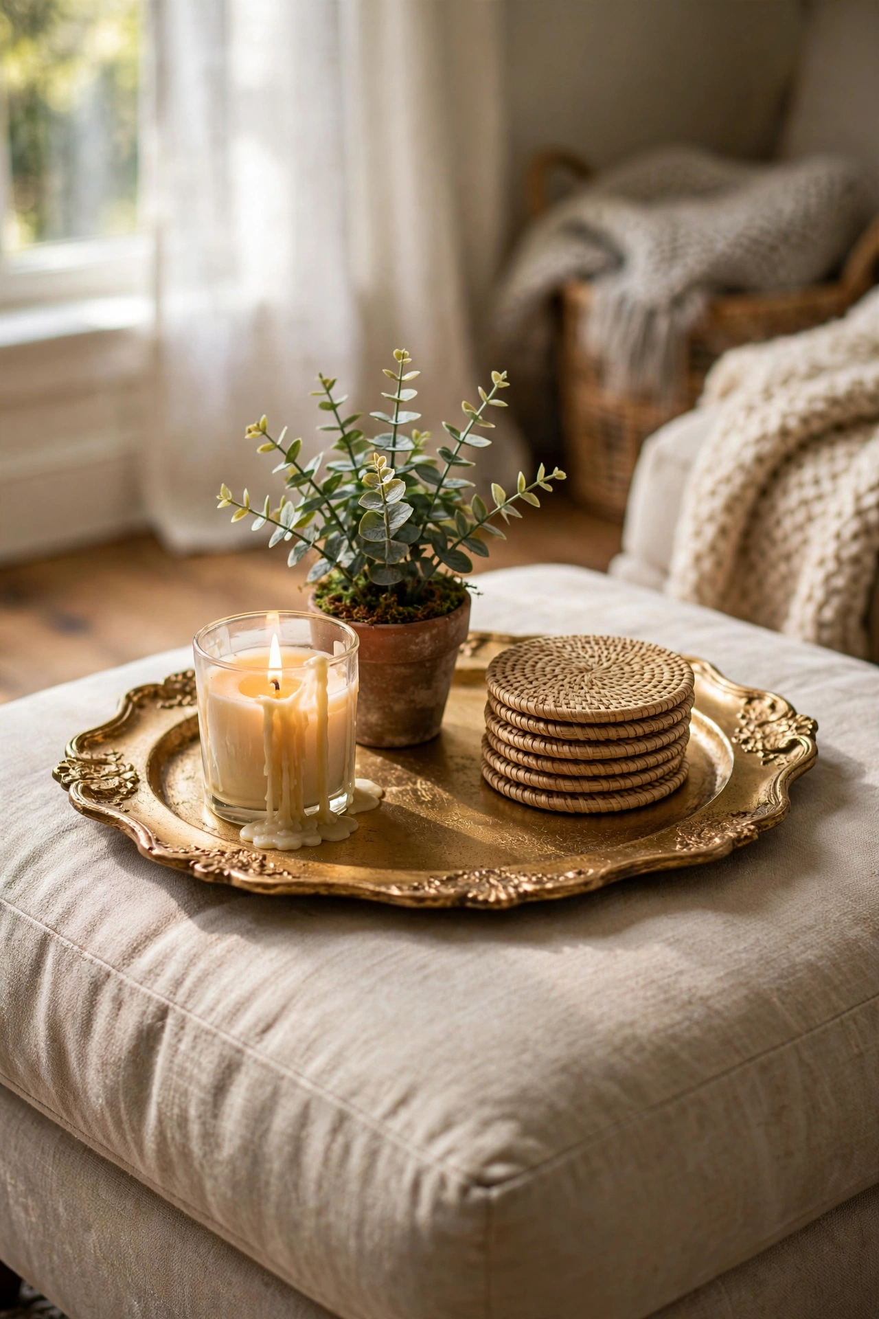 Gold-look tray with candle, plant and coasters on an ottoman