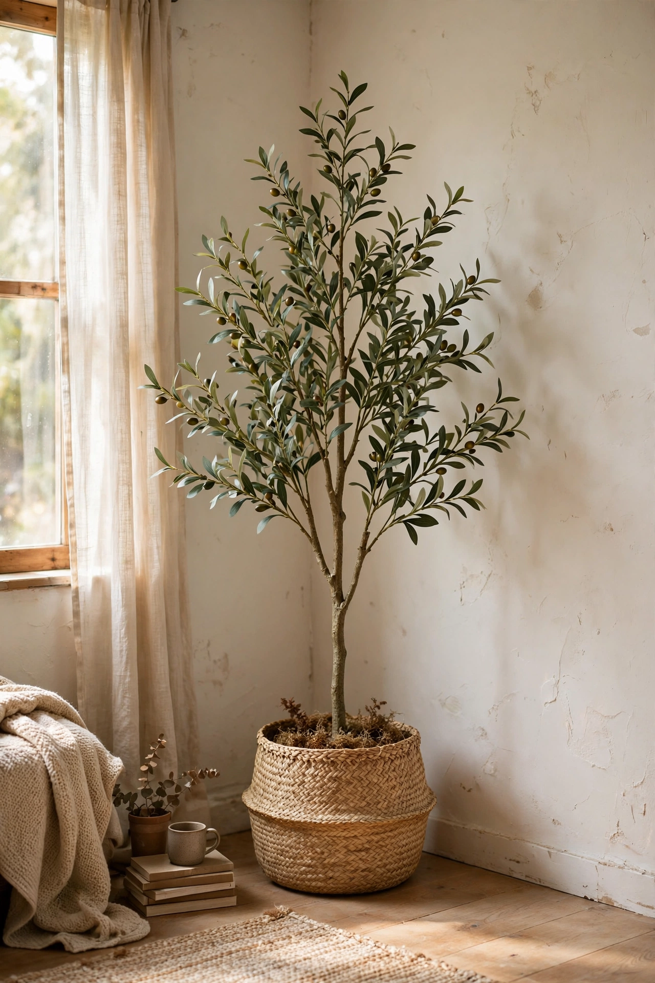 Faux olive tree in a woven basket in a living room corner