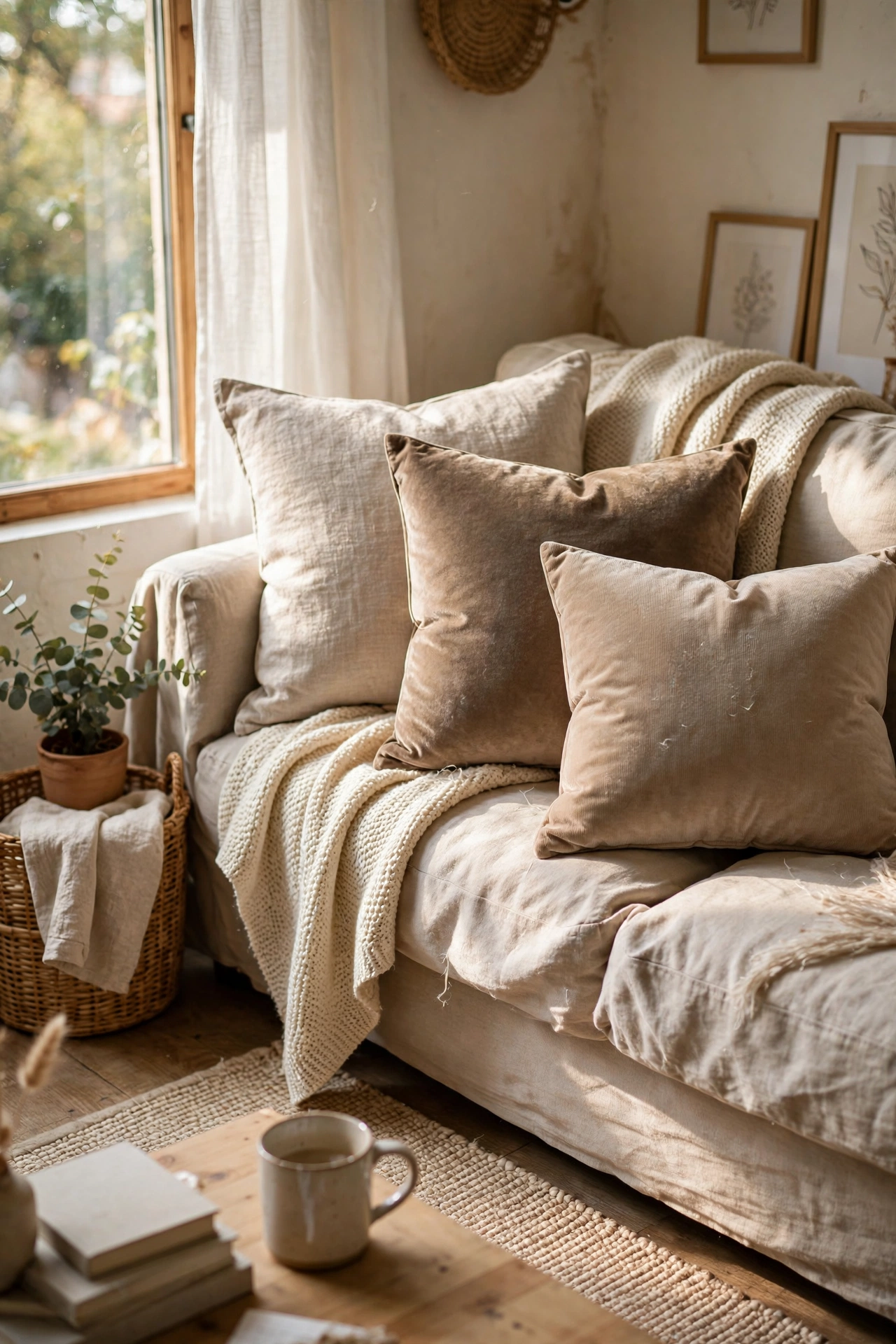 Sofa with fresh linen and velvet-look pillow covers