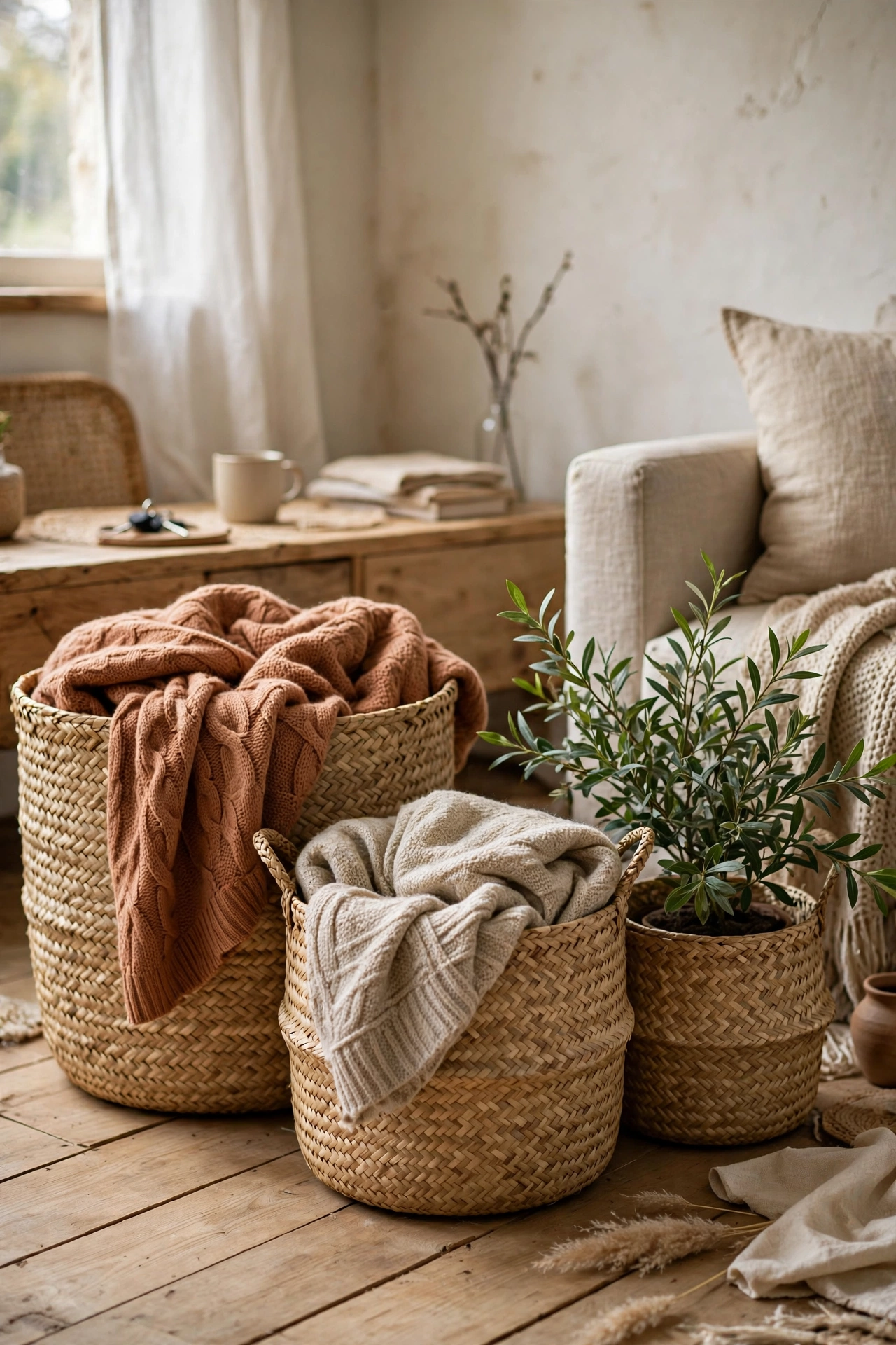 Collection of woven baskets in different sizes in a living room