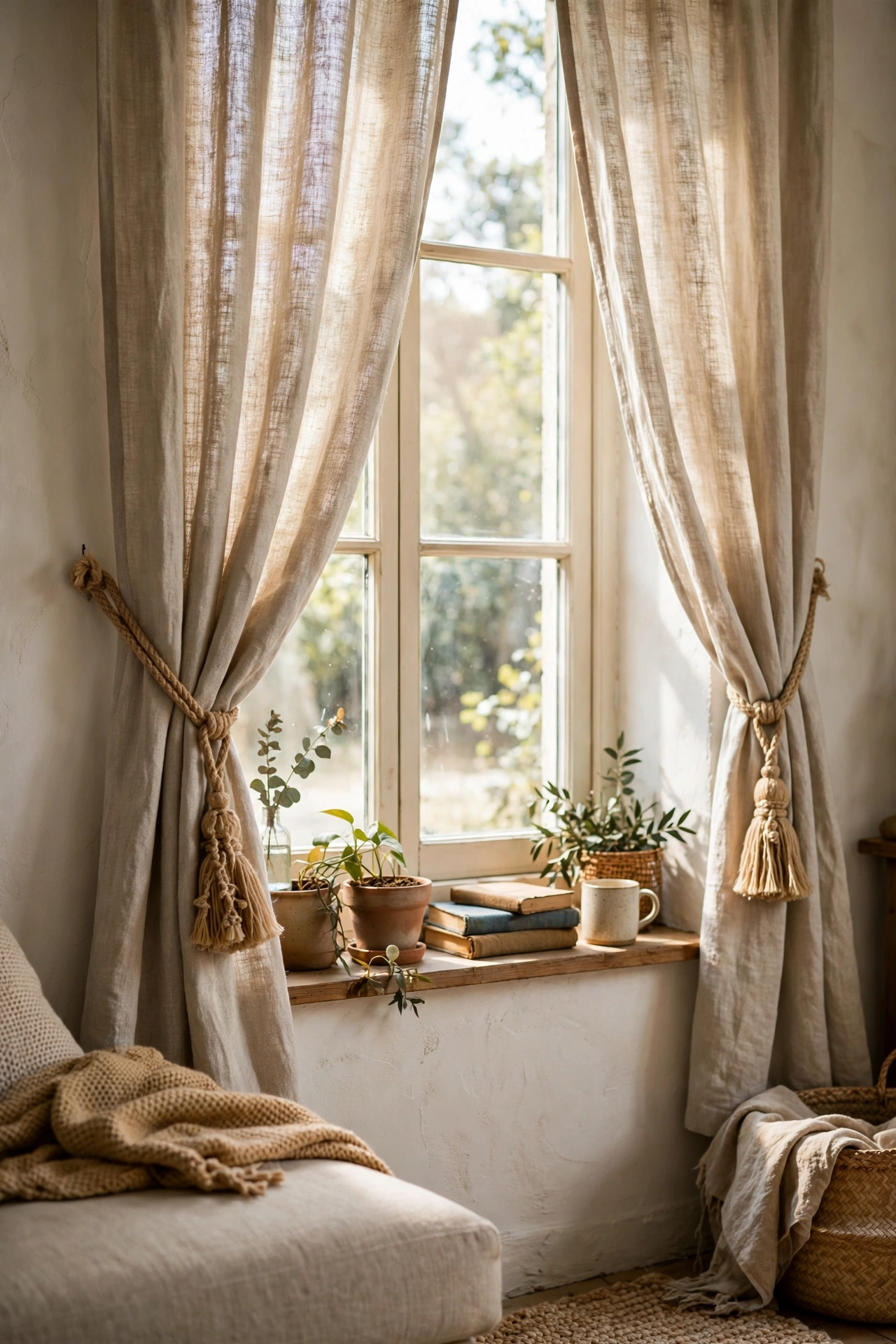 Curtains with rope and tassel tiebacks in a living room