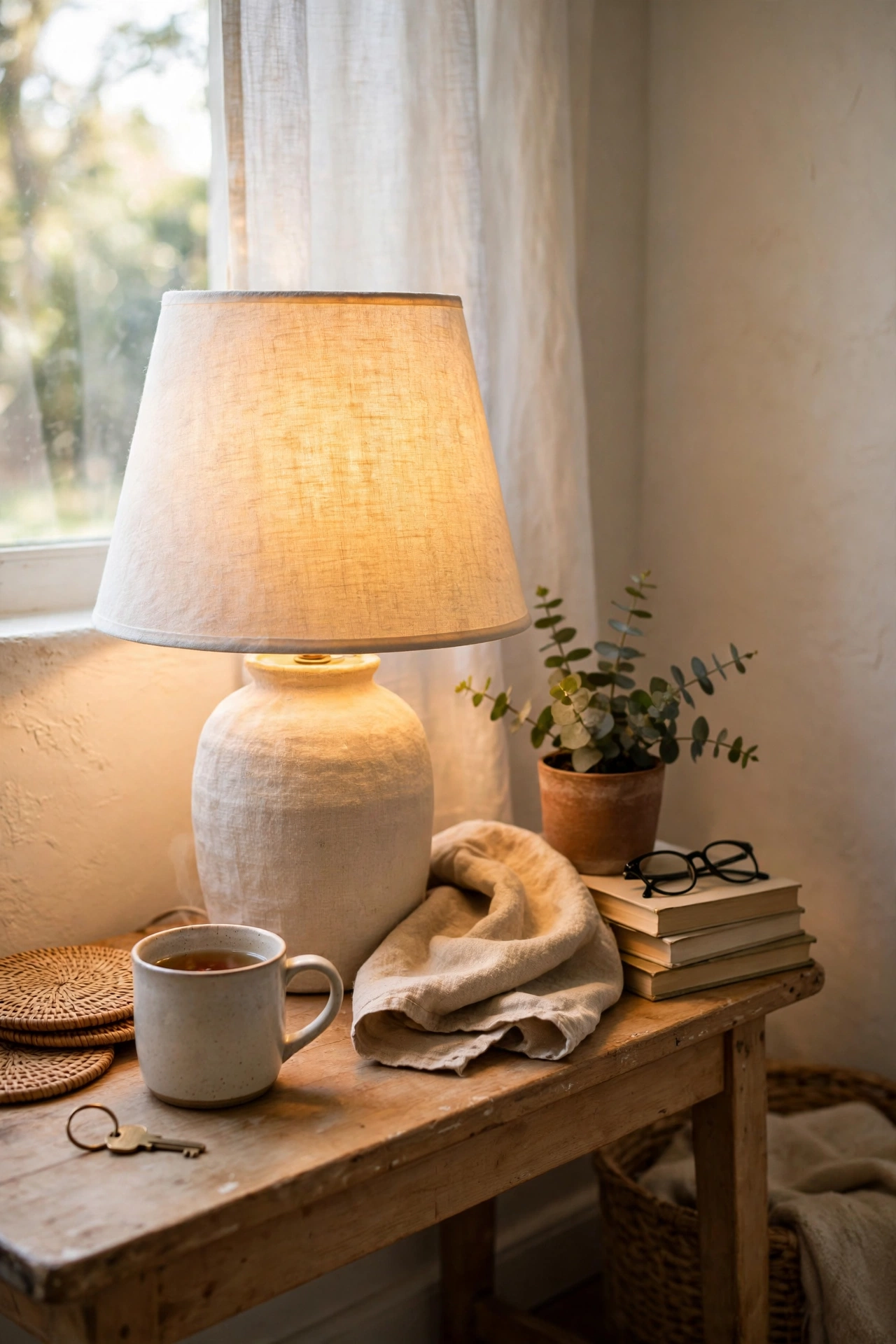 Table lamp with a fresh white linen lampshade