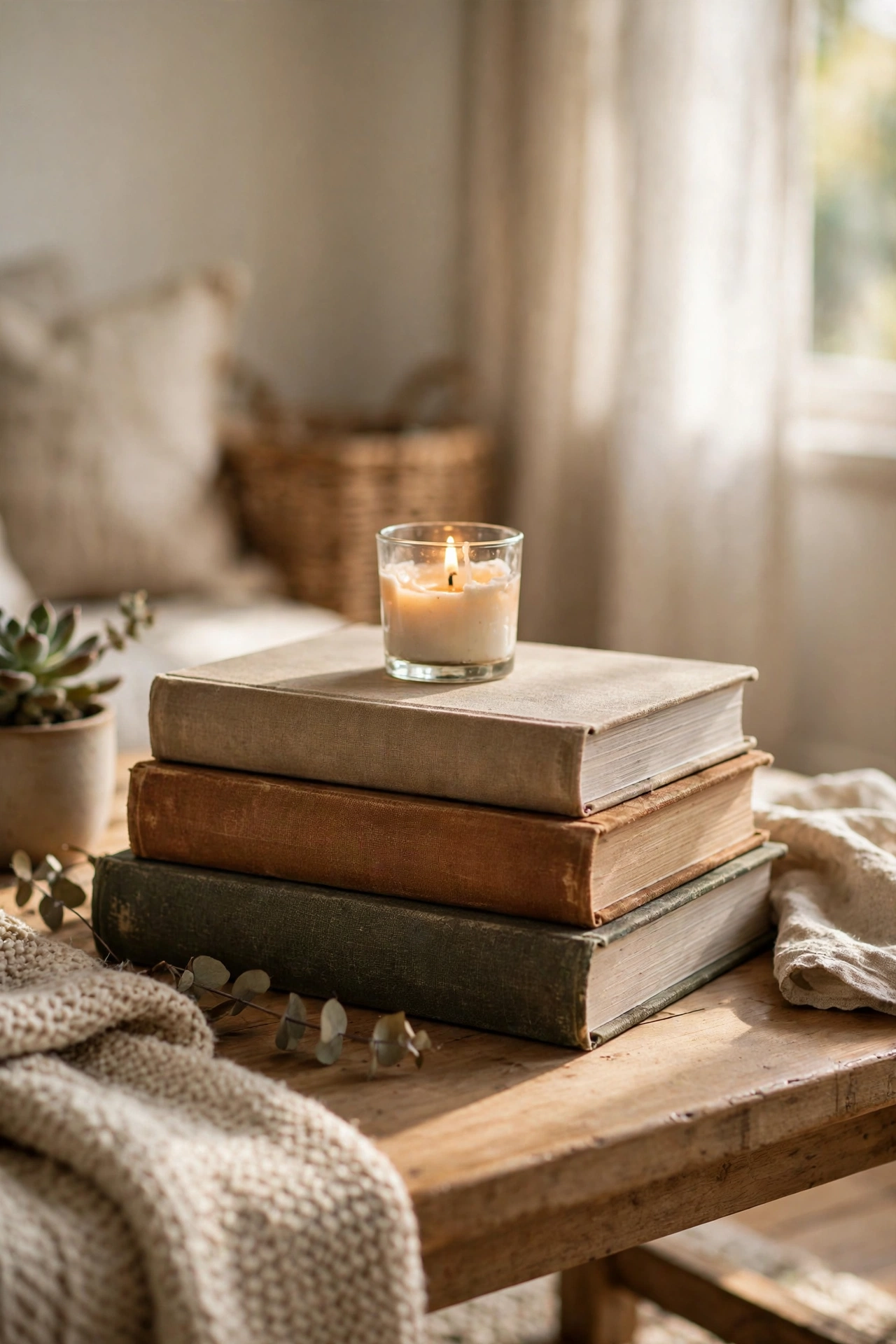 Stack of coffee table books topped with a candle