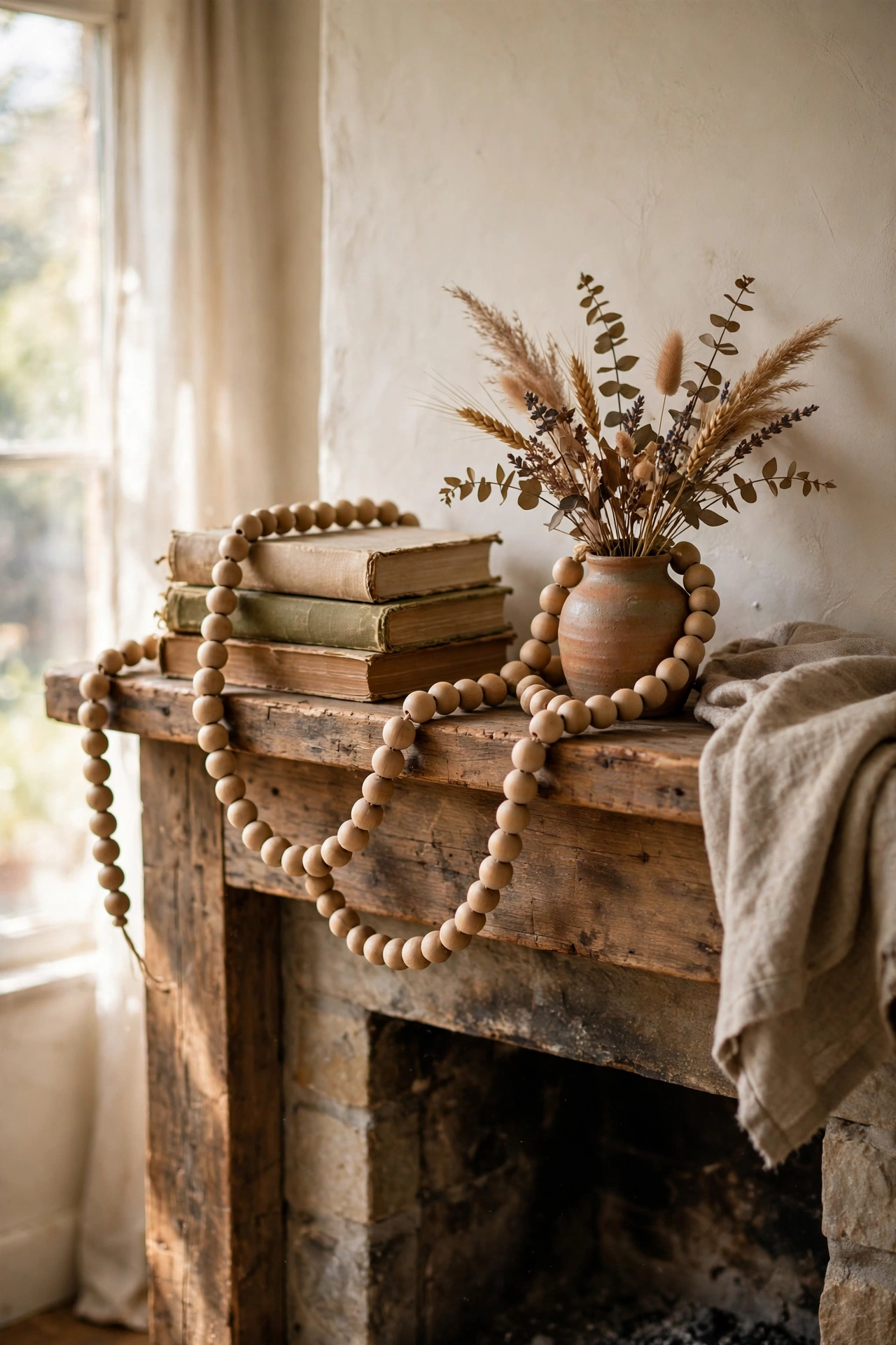 Wooden bead garland draped over books and a vase on a mantel