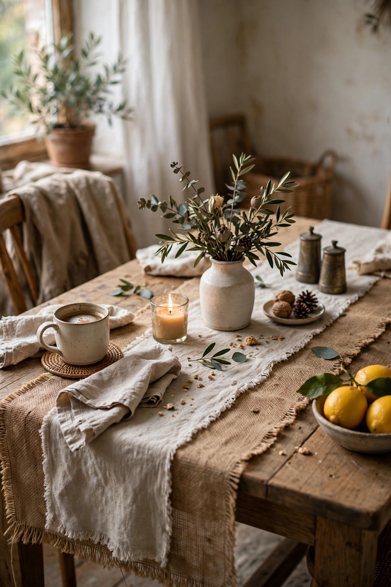 Dining table with layered burlap and linen runners