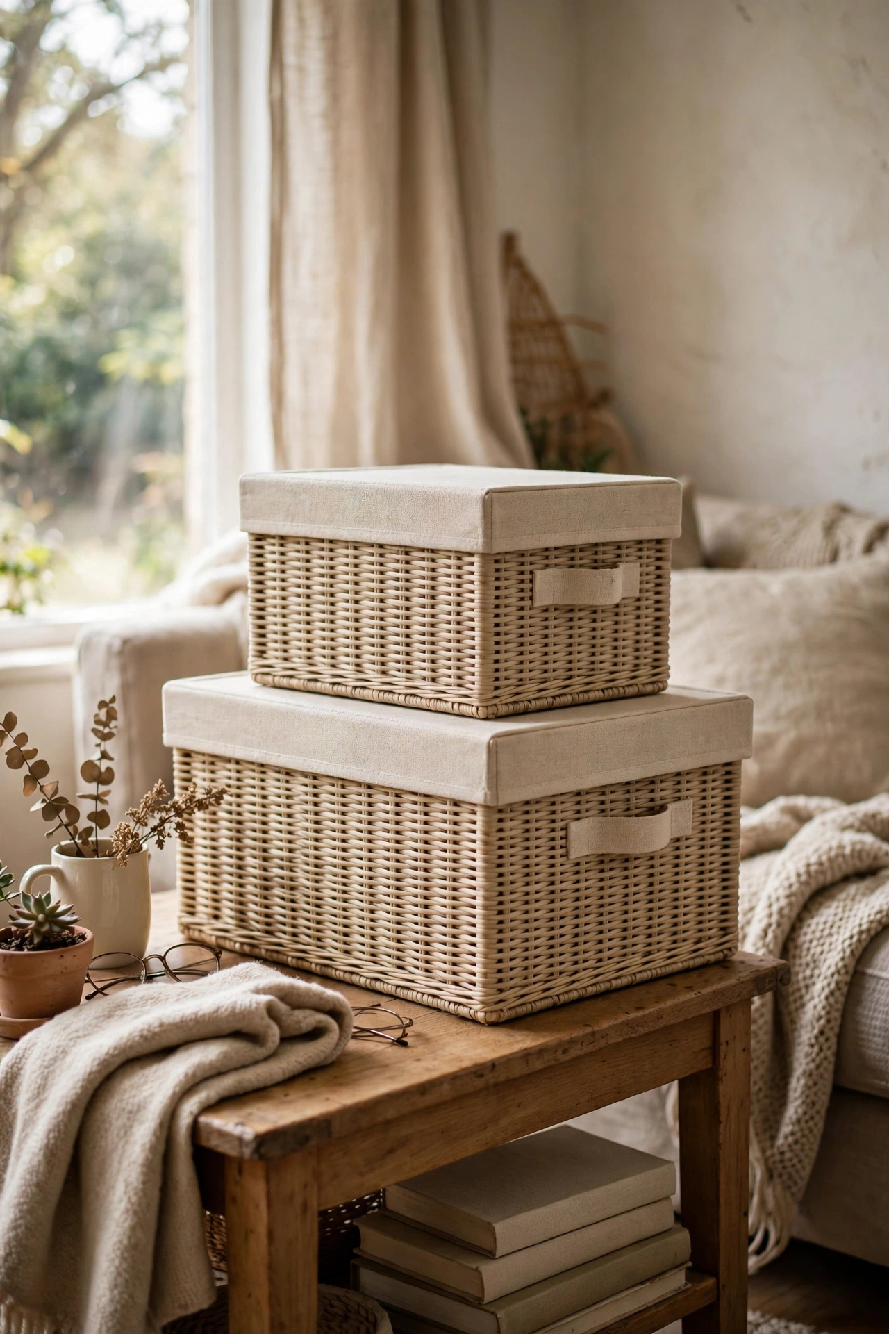 Pretty storage boxes in matching finishes on side tables