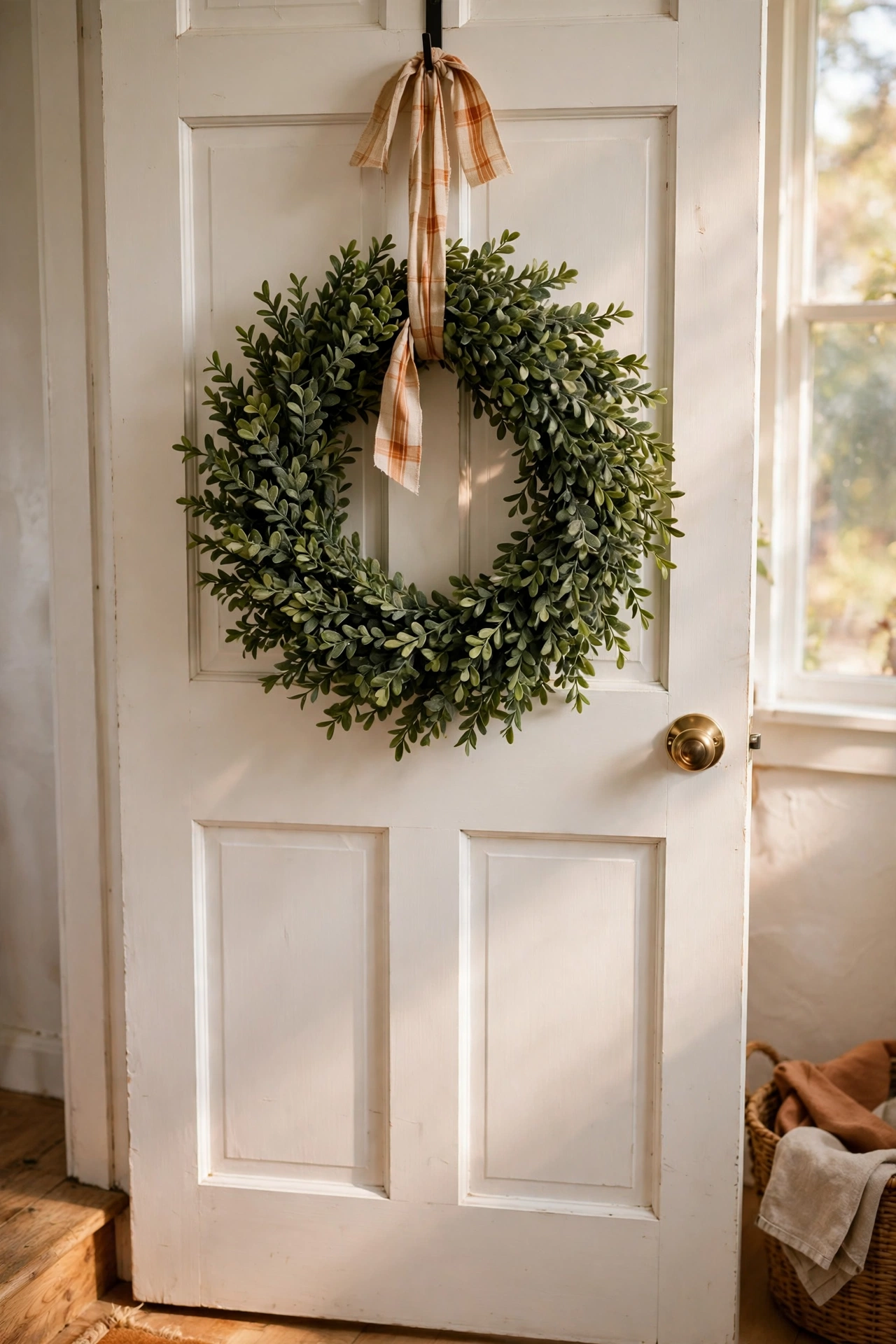 Faux boxwood wreath with a seasonal ribbon on a pantry door