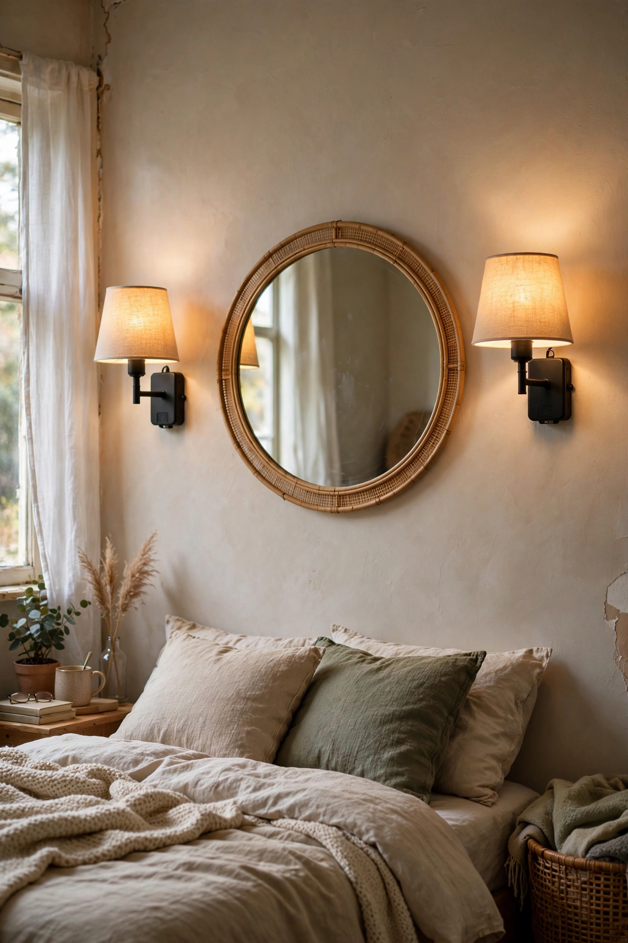Pair of battery wall sconces flanking a bedroom mirror