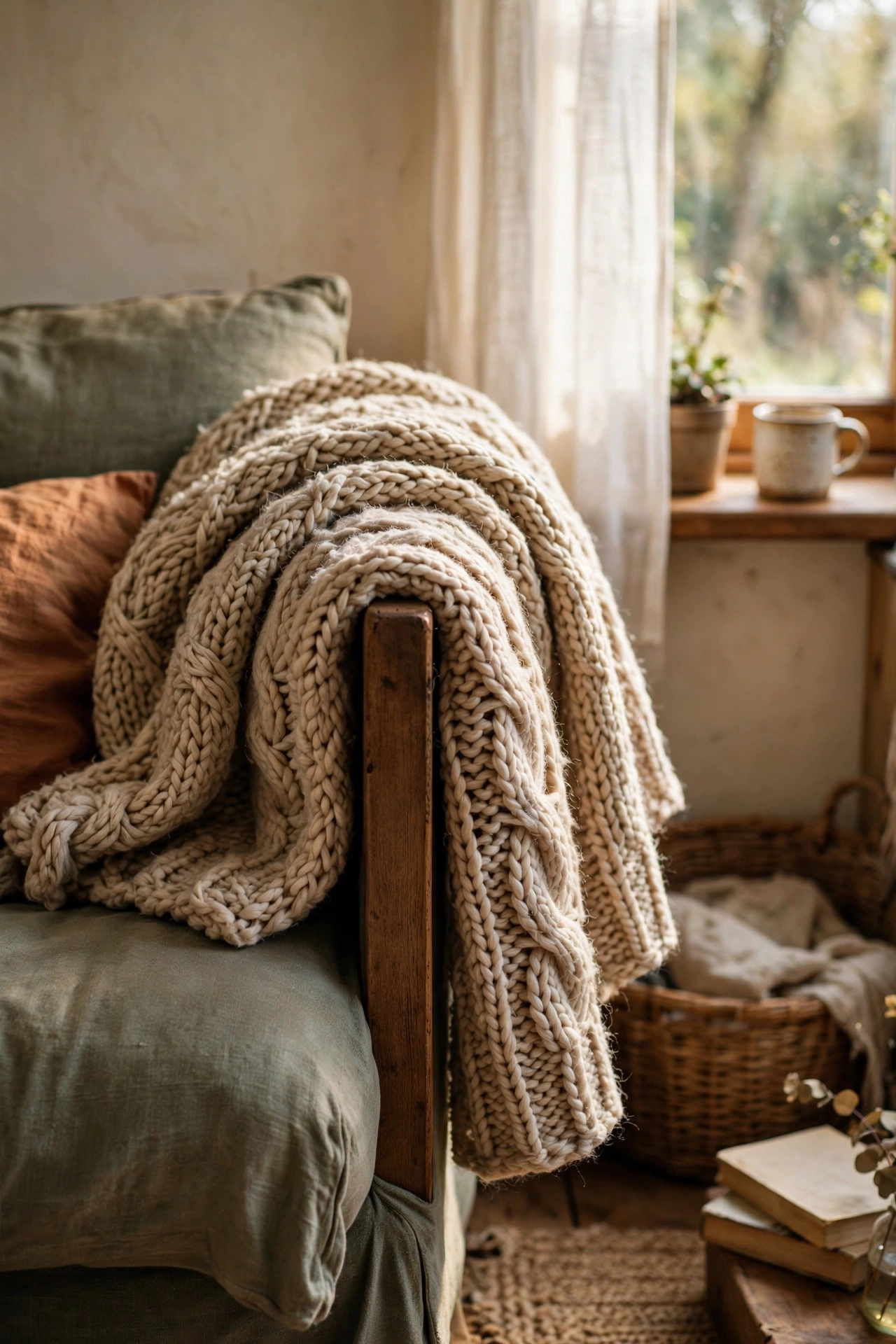 Chunky knit-look throw draped over a sofa arm
