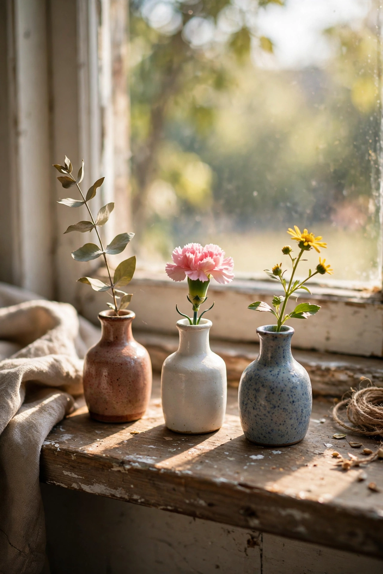 Three bud vases with single stems lined on a windowsill