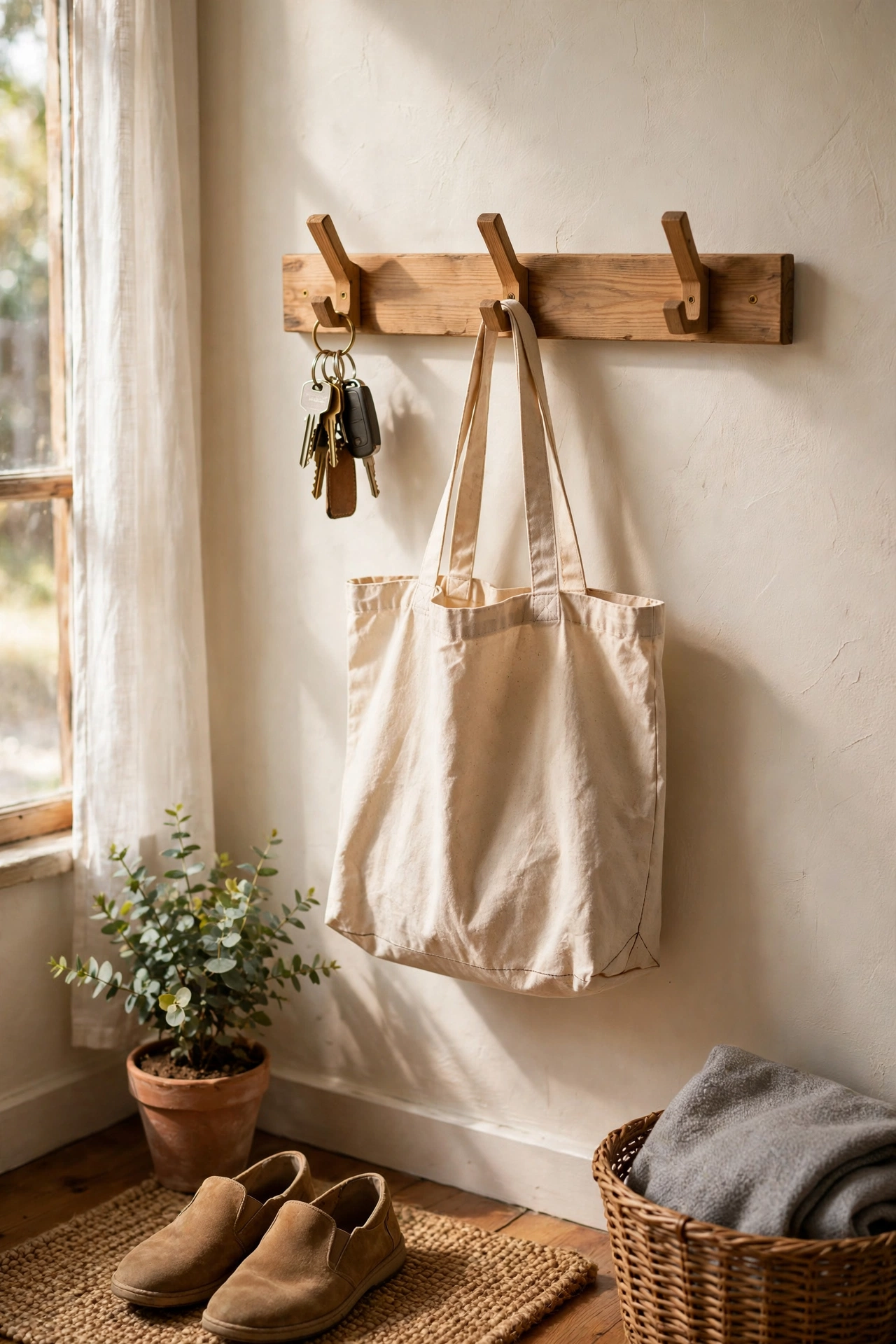 Wooden hook rail with keys and bags in an entryway