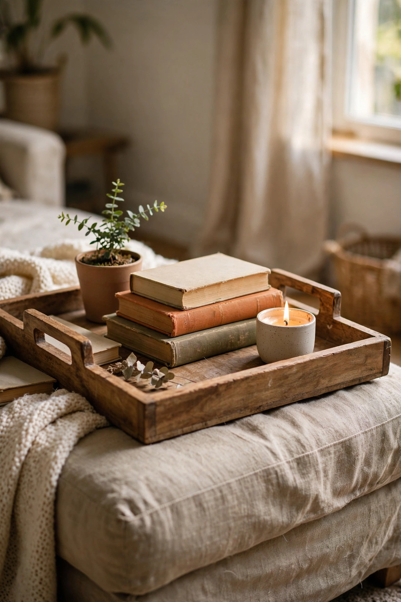 Large tray with books, candle and plant on an ottoman