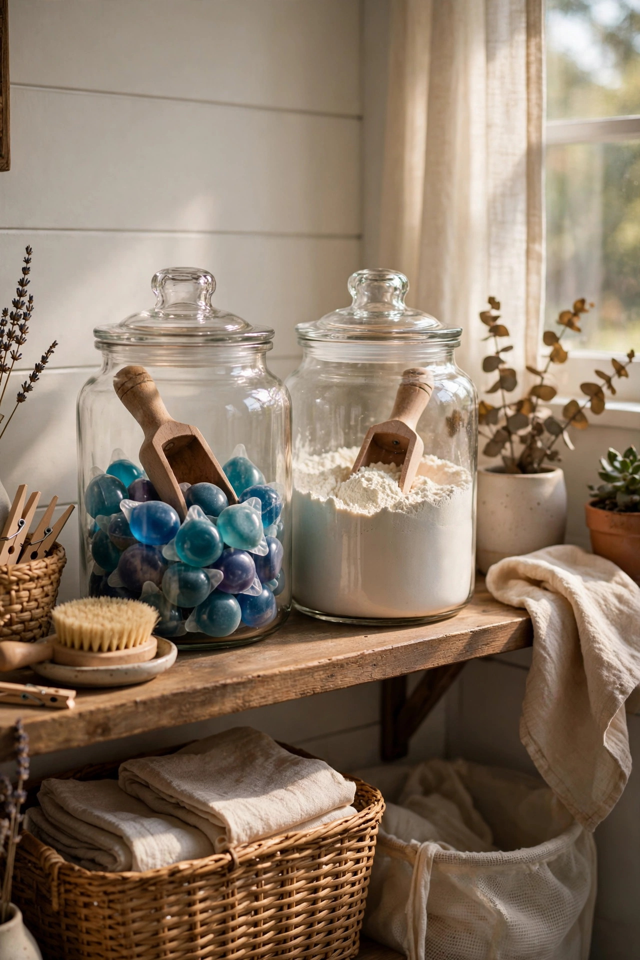 Glass jars labelled for detergent pods and powder on a laundry shelf
