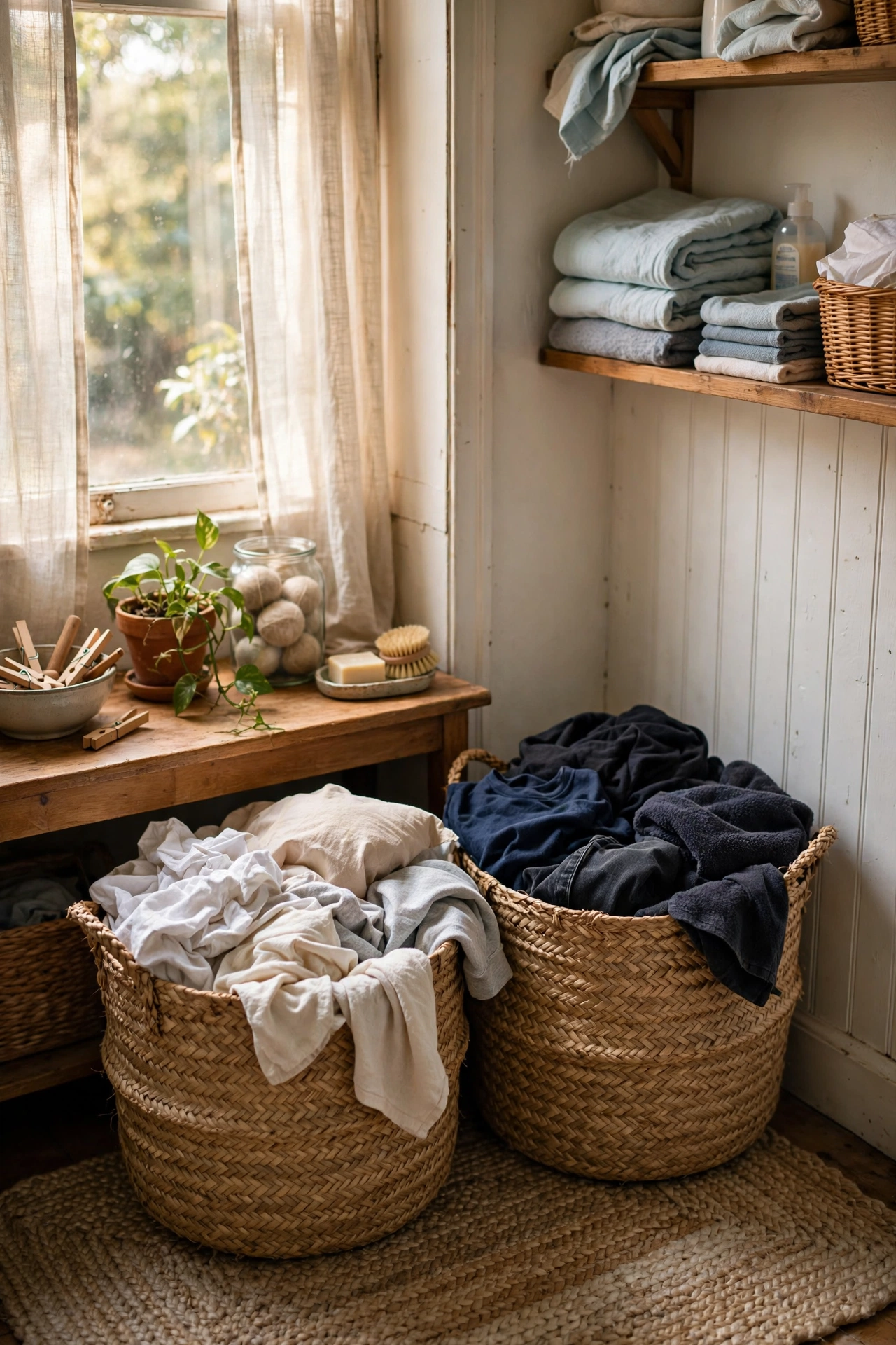 Woven laundry baskets for lights and darks in a laundry corner