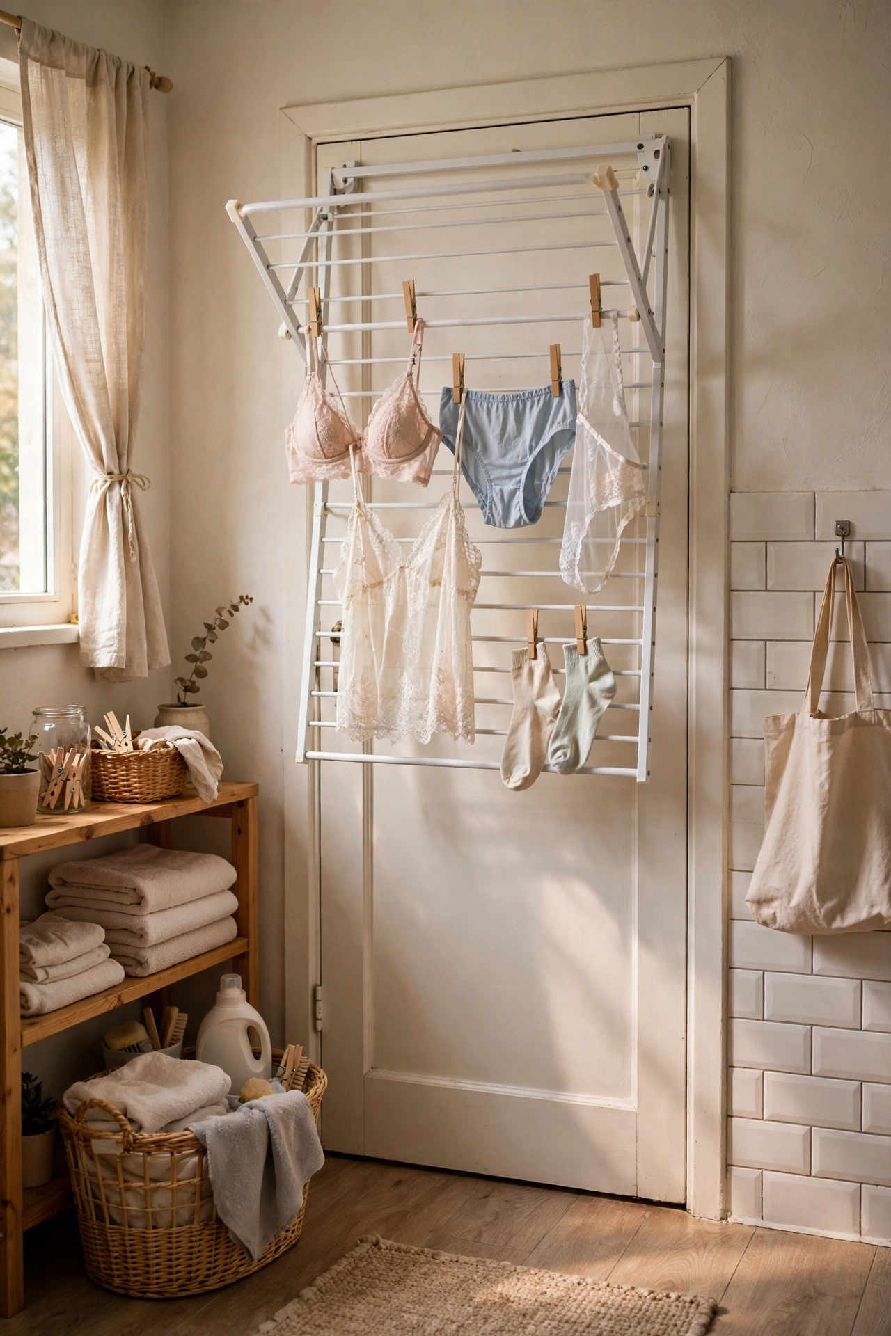 Over-door folding drying rack in a small laundry room
