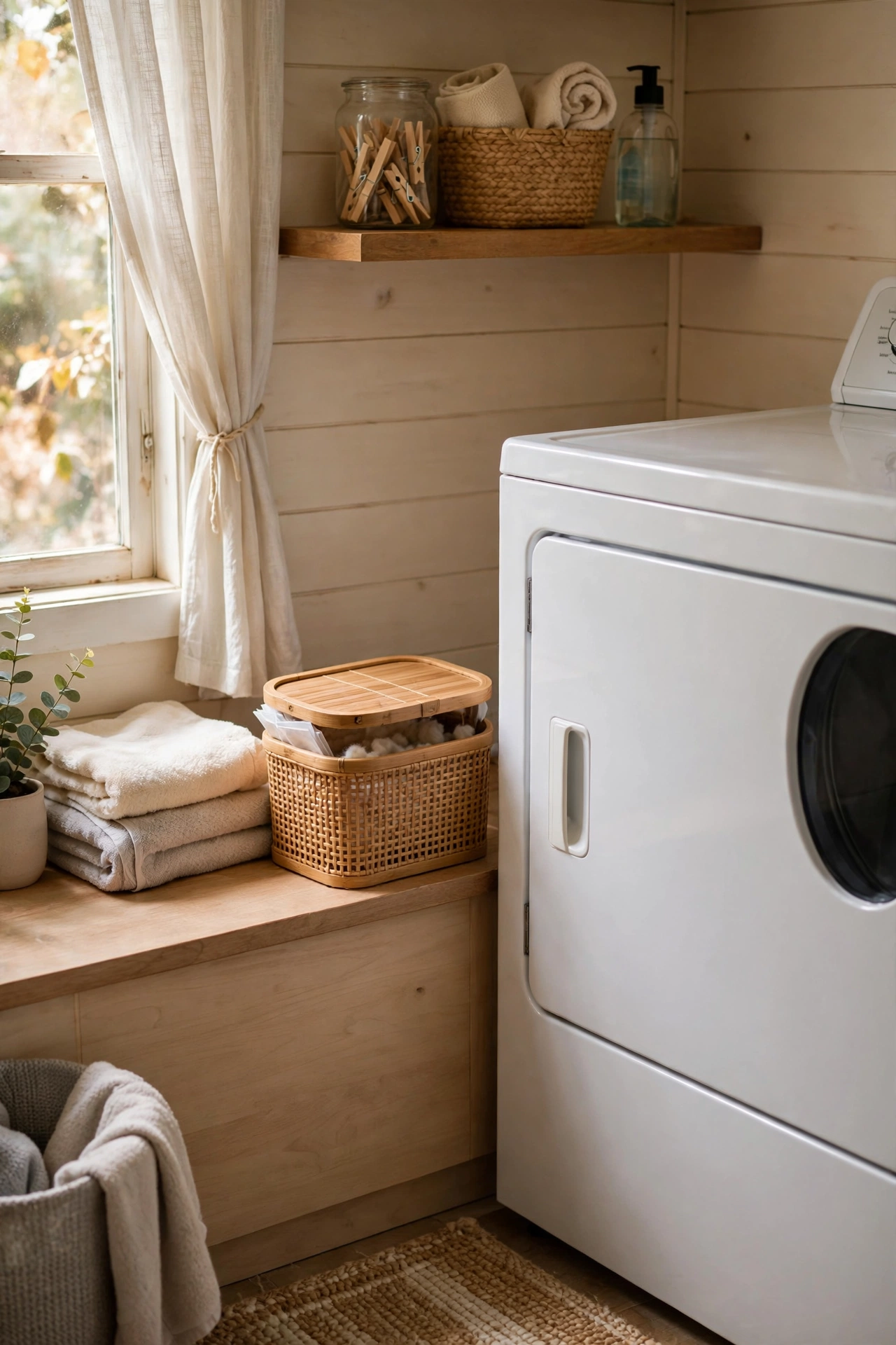 Small lidded bin for lint beside a dryer