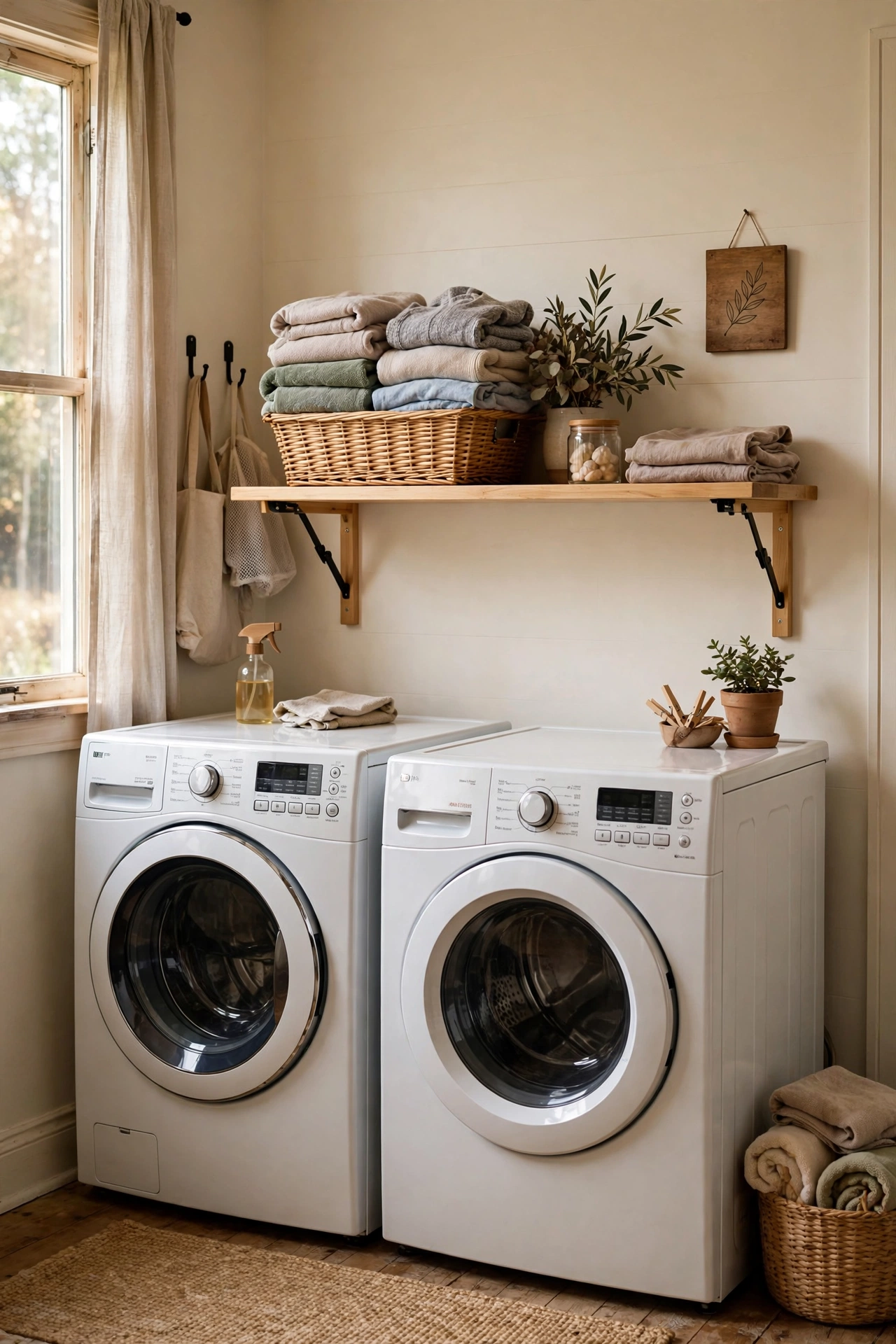 Folding shelf mounted above washer and dryer with styled wall