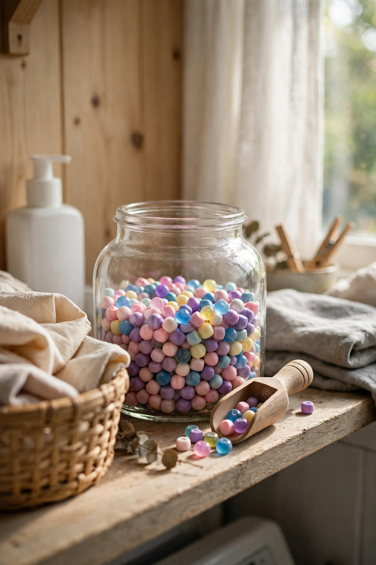 Glass jar of scent boosters with wooden scoop on a laundry shelf