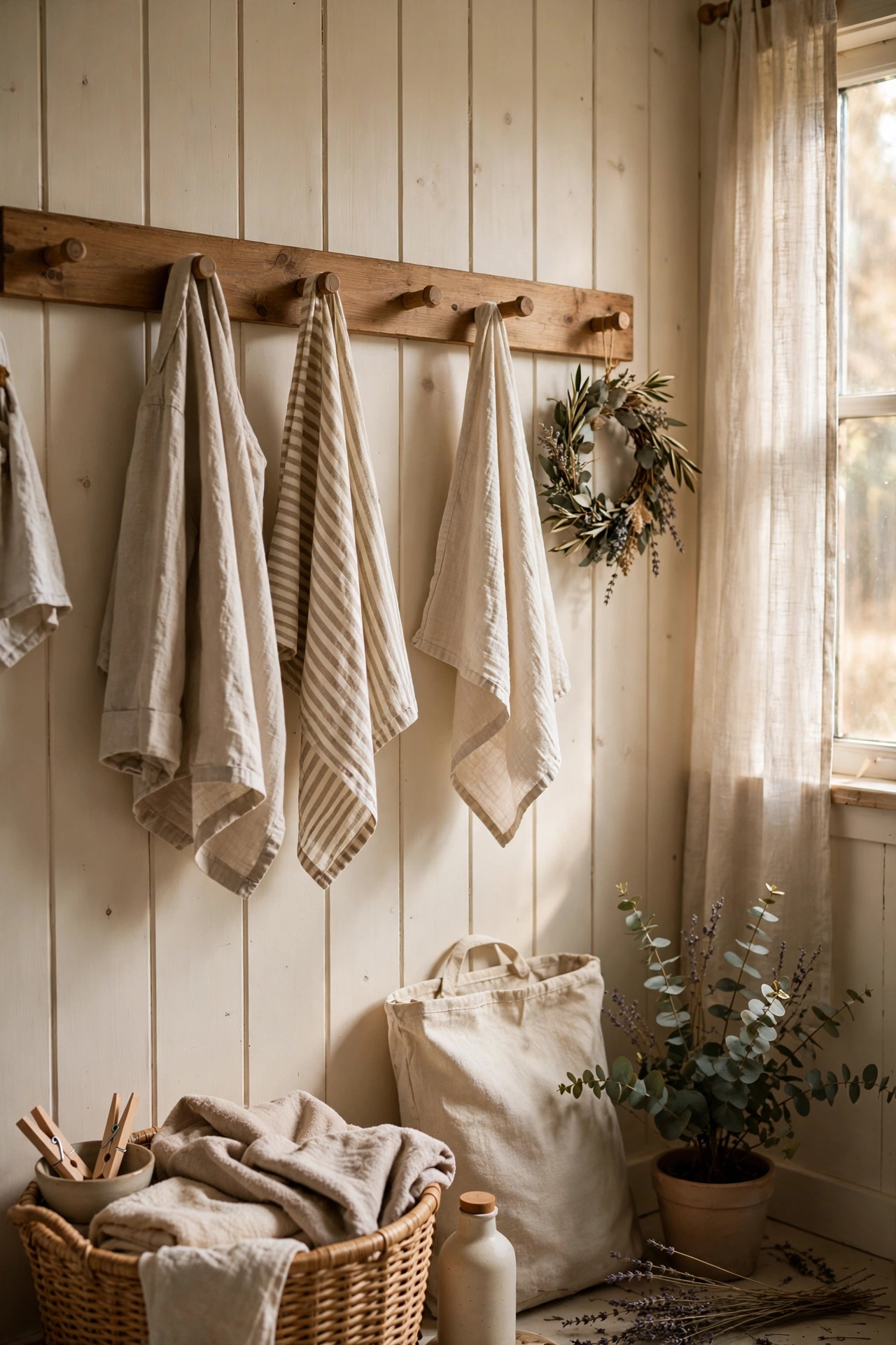 Wooden peg rail with hanging items on a laundry room wall