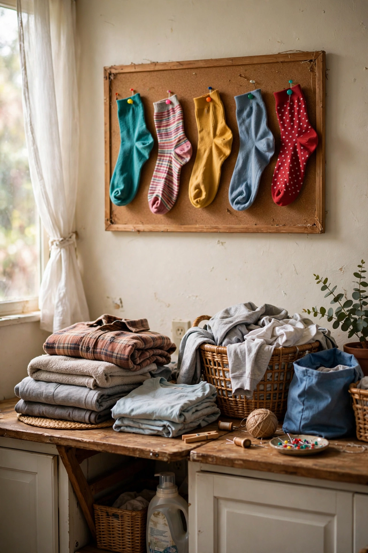 Small corkboard with pinned single socks in a laundry room