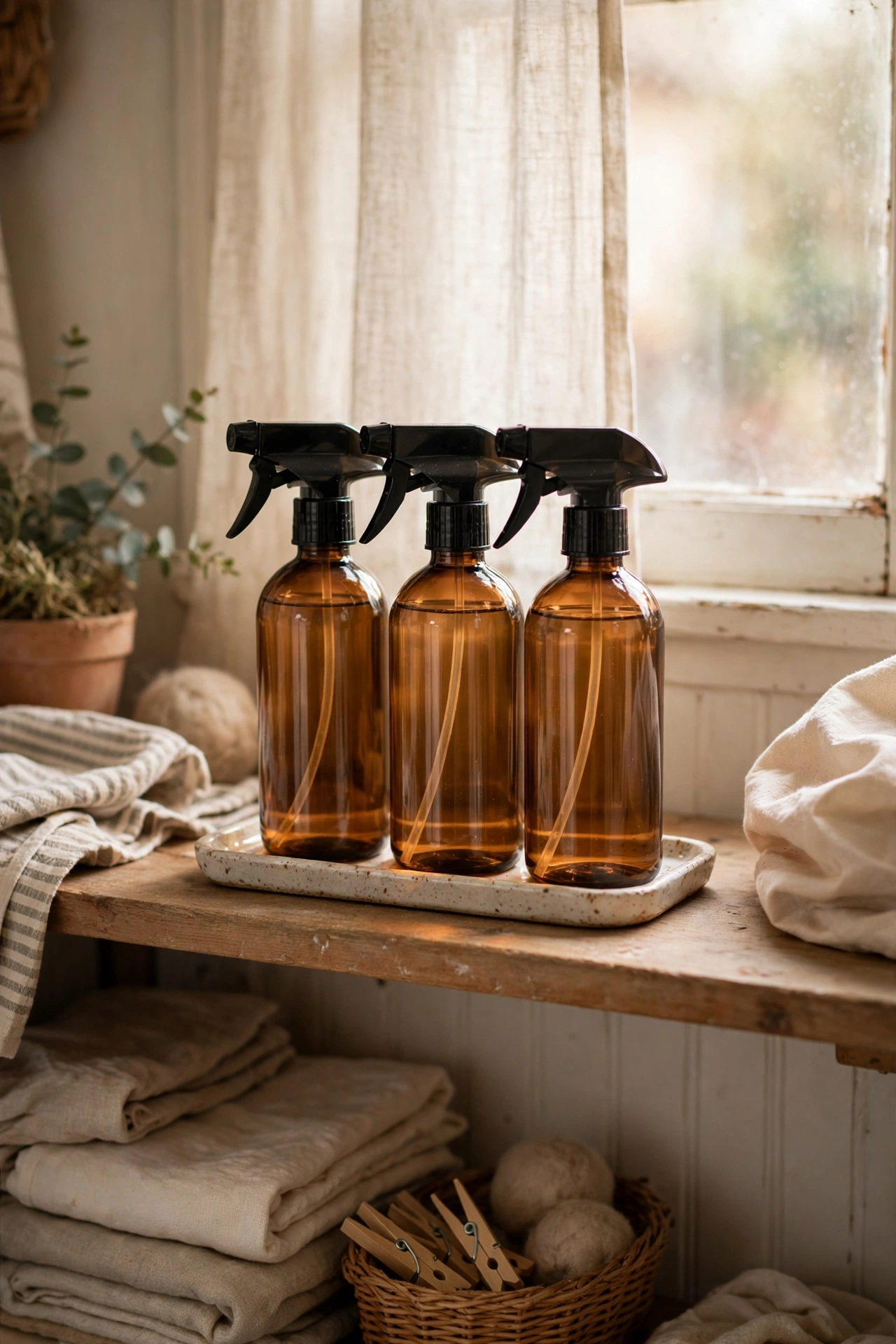 Matching labelled spray bottles on a small tray on a laundry shelf