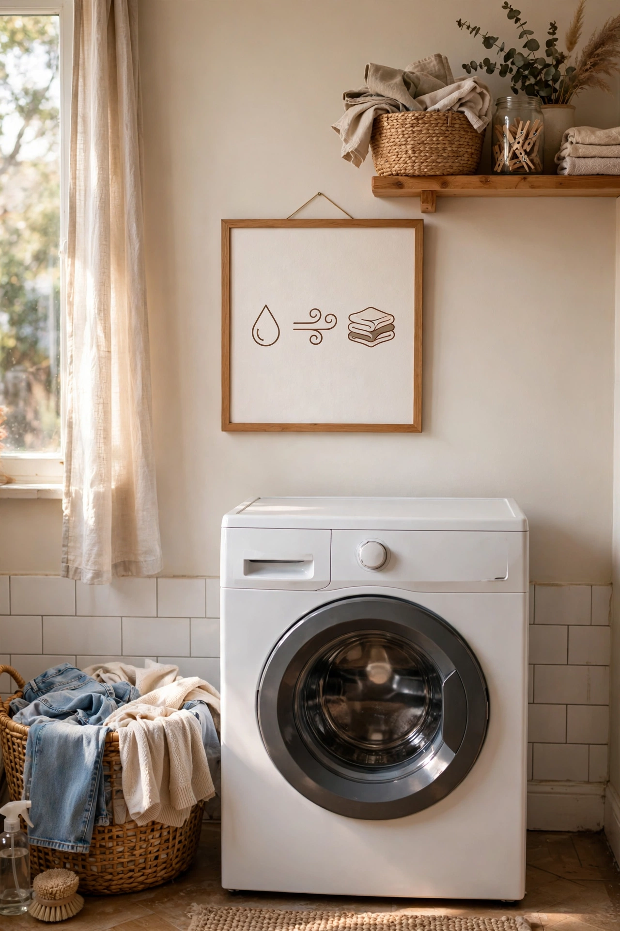 Framed wash dry fold print above a washing machine