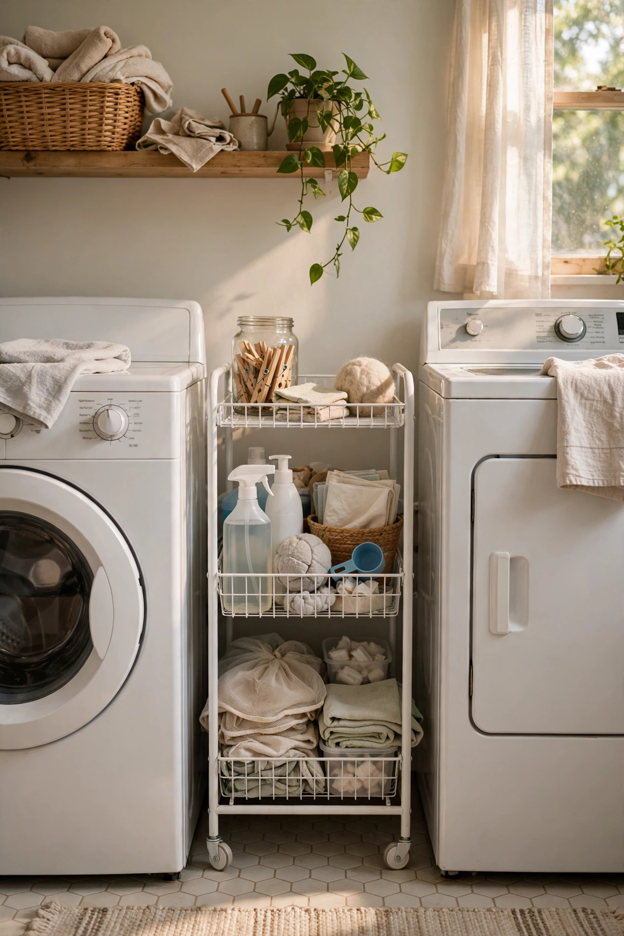 Slim rolling cart between washer and dryer with supplies