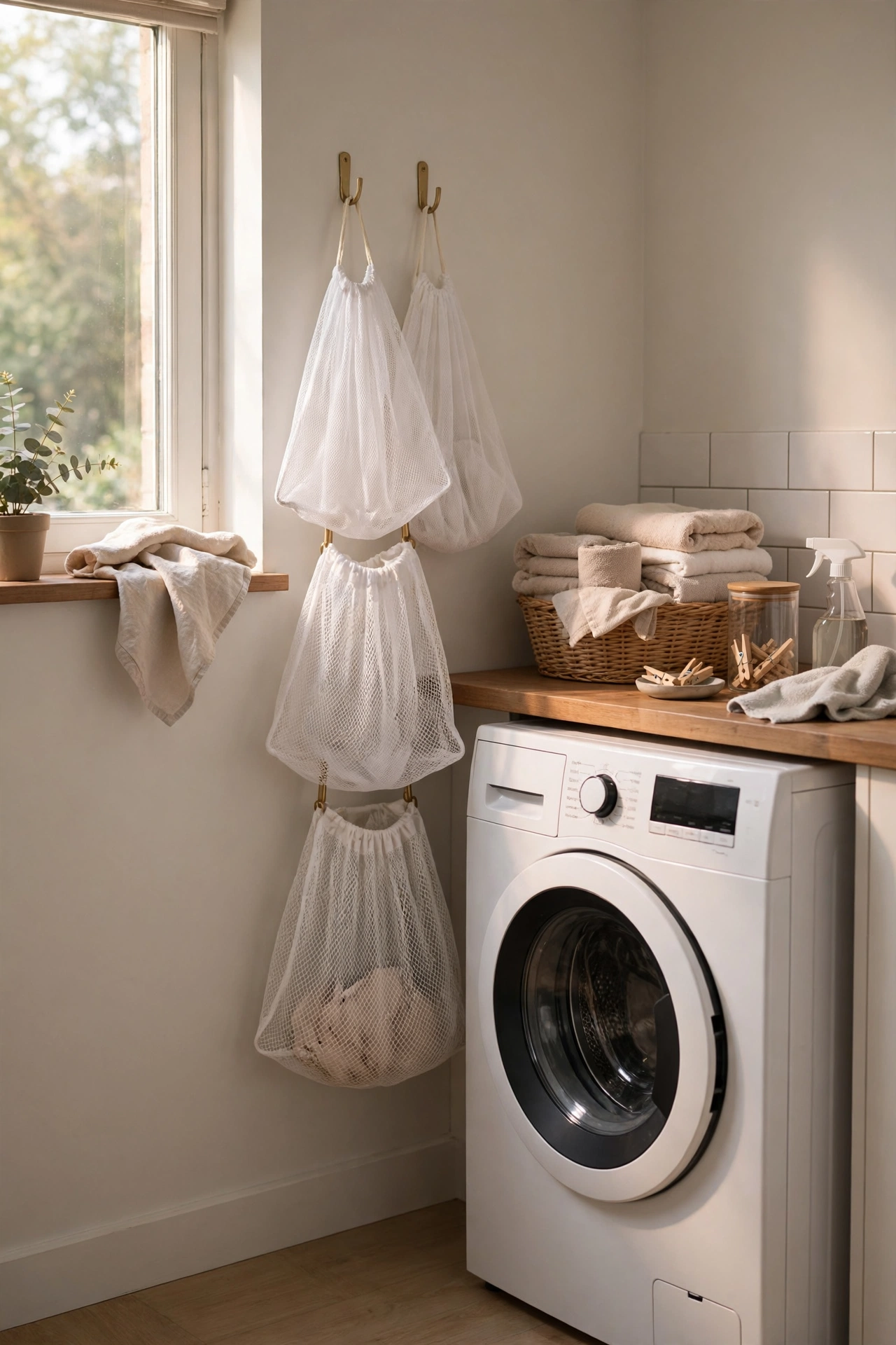 Mesh laundry bags hanging on hooks in a laundry room