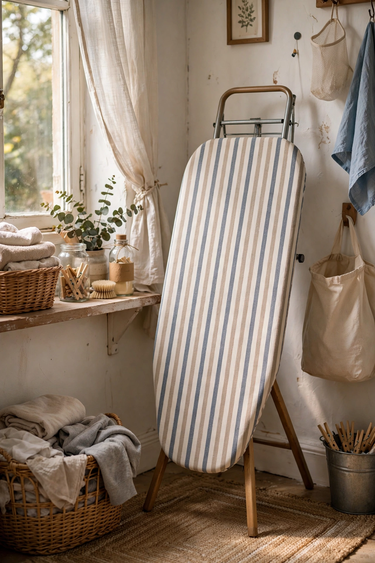 Ironing board with fresh striped cover in a laundry corner