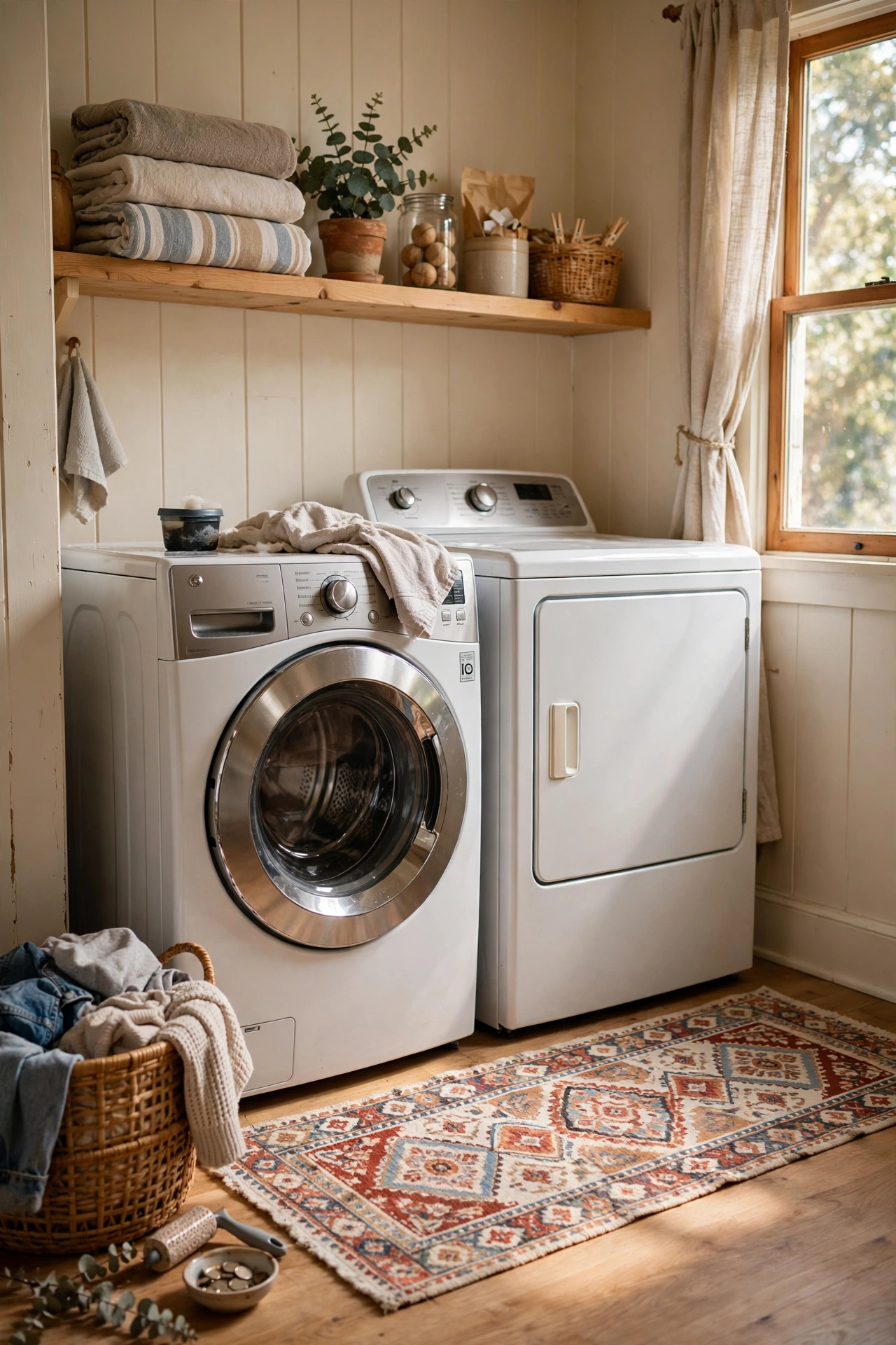 Washable runner rug in front of washer and dryer