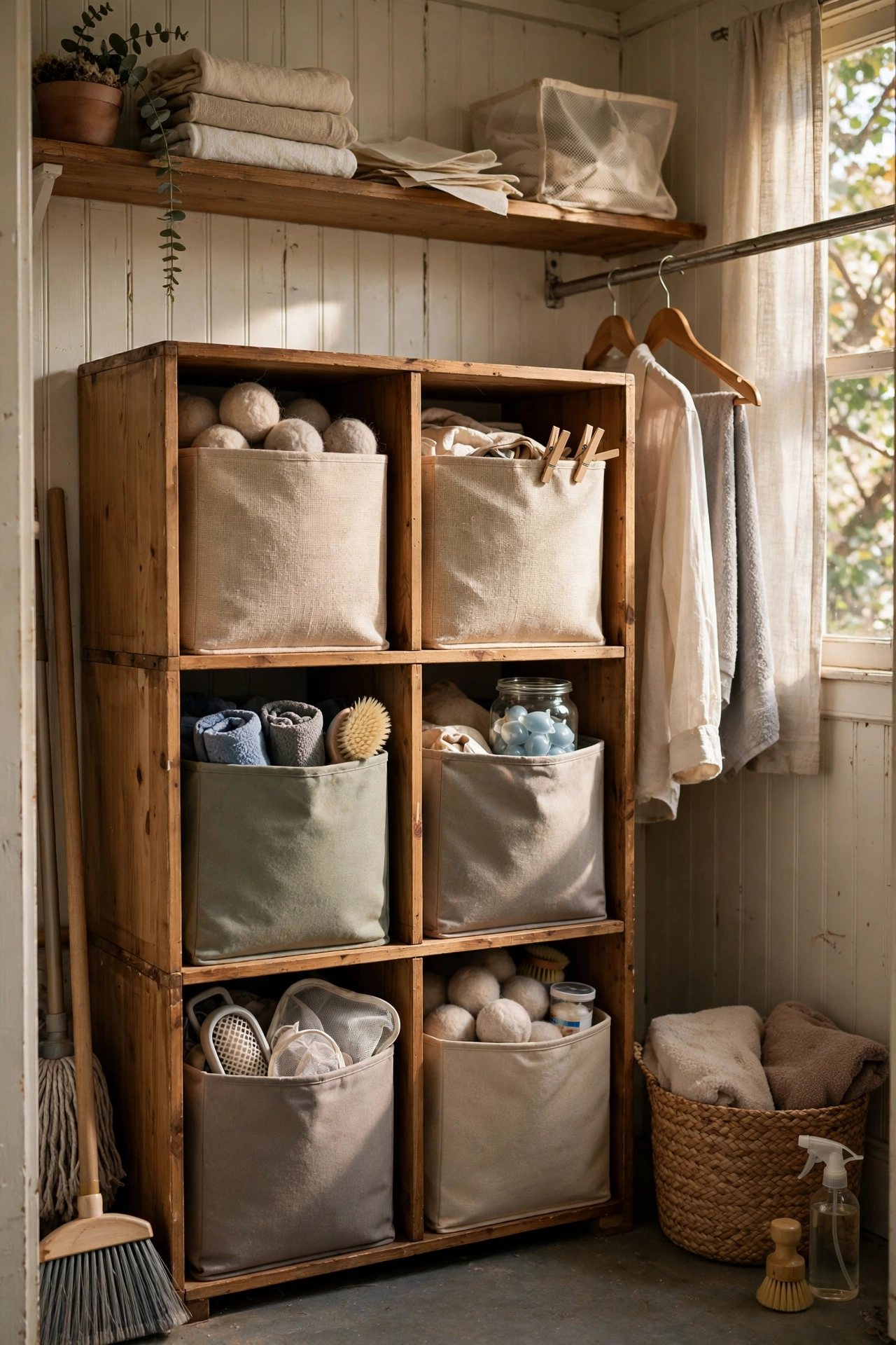 Cube organiser with labelled fabric bins in a laundry closet