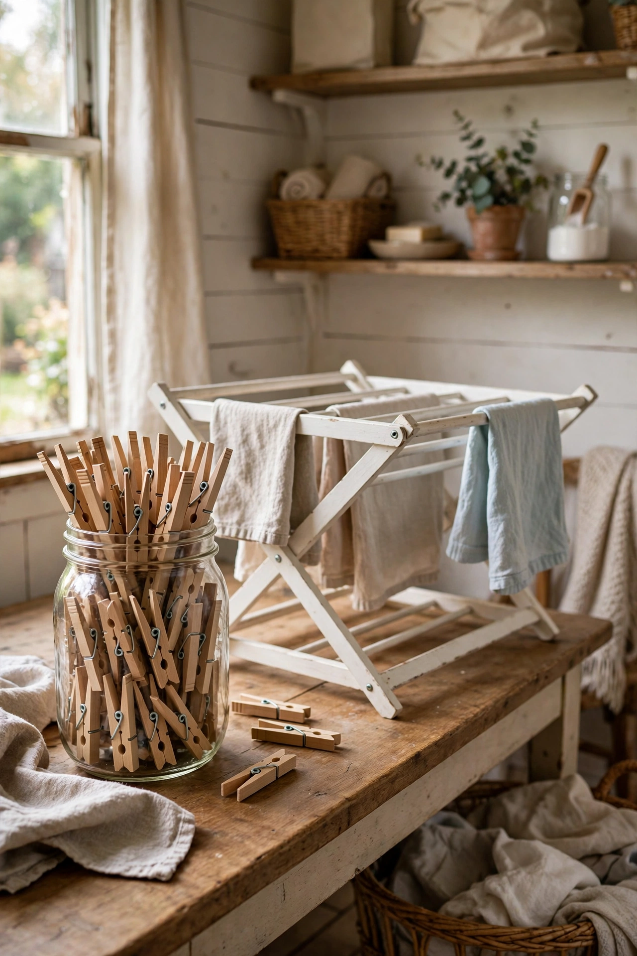 Mason jar of wooden clothespins by a drying rack