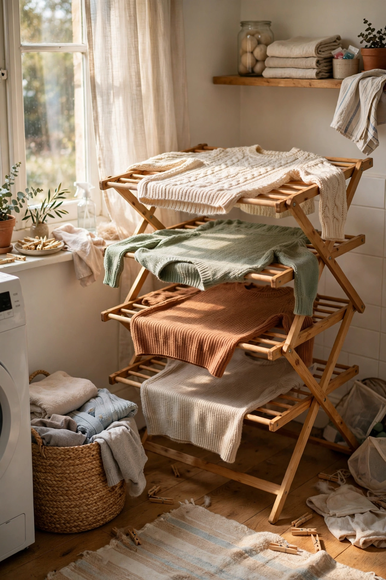 Wooden folding rack with sweaters drying flat
