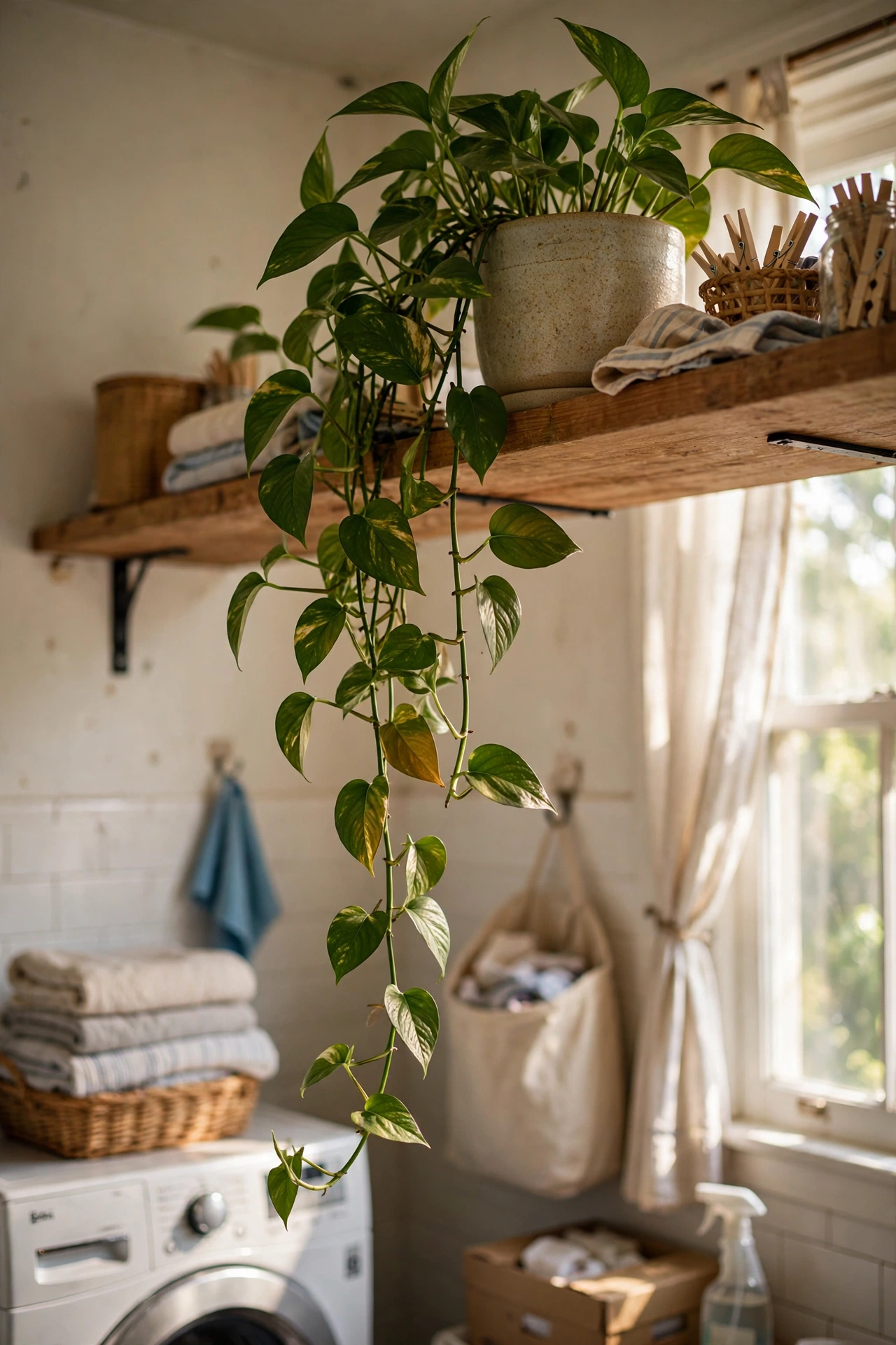 Trailing pothos plant on a high laundry room shelf