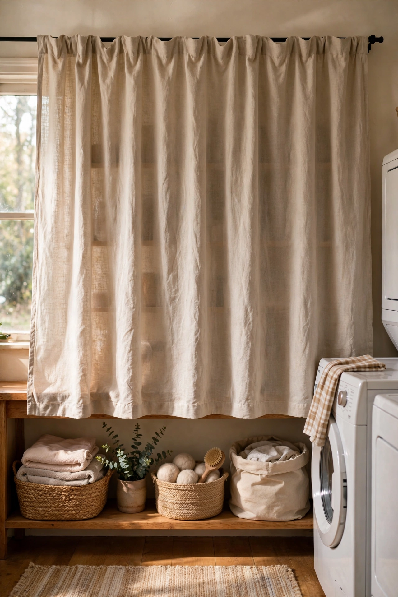 Curtain on a tension rod hiding open laundry shelves