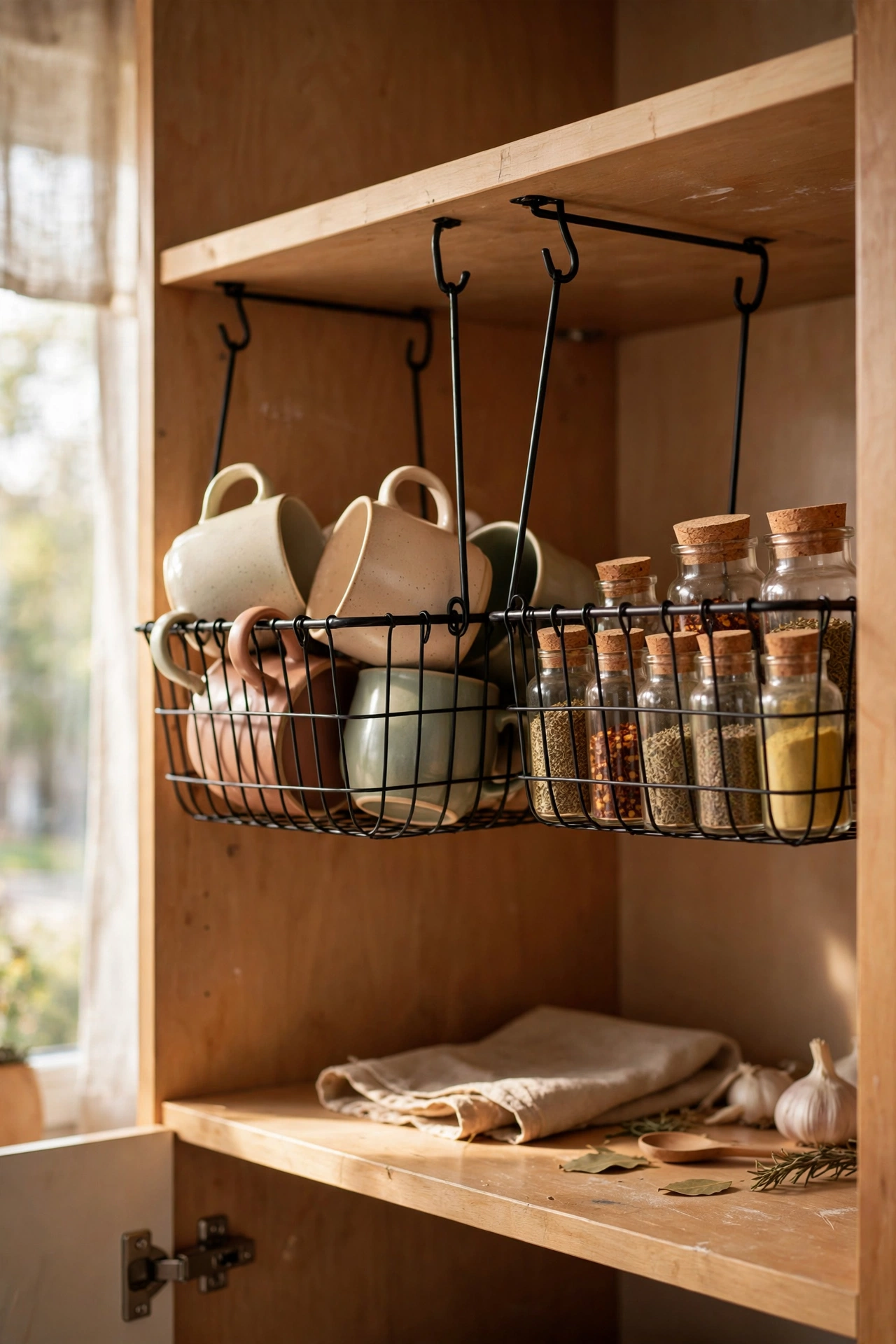 Wire under-shelf hanging baskets with mugs in a kitchen cabinet
