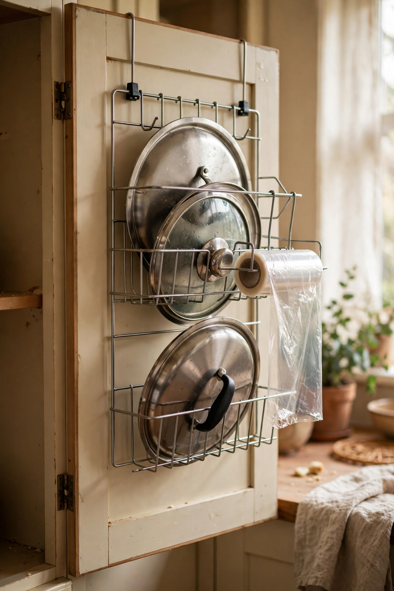 Organiser rack inside a cabinet door holding lids and wraps