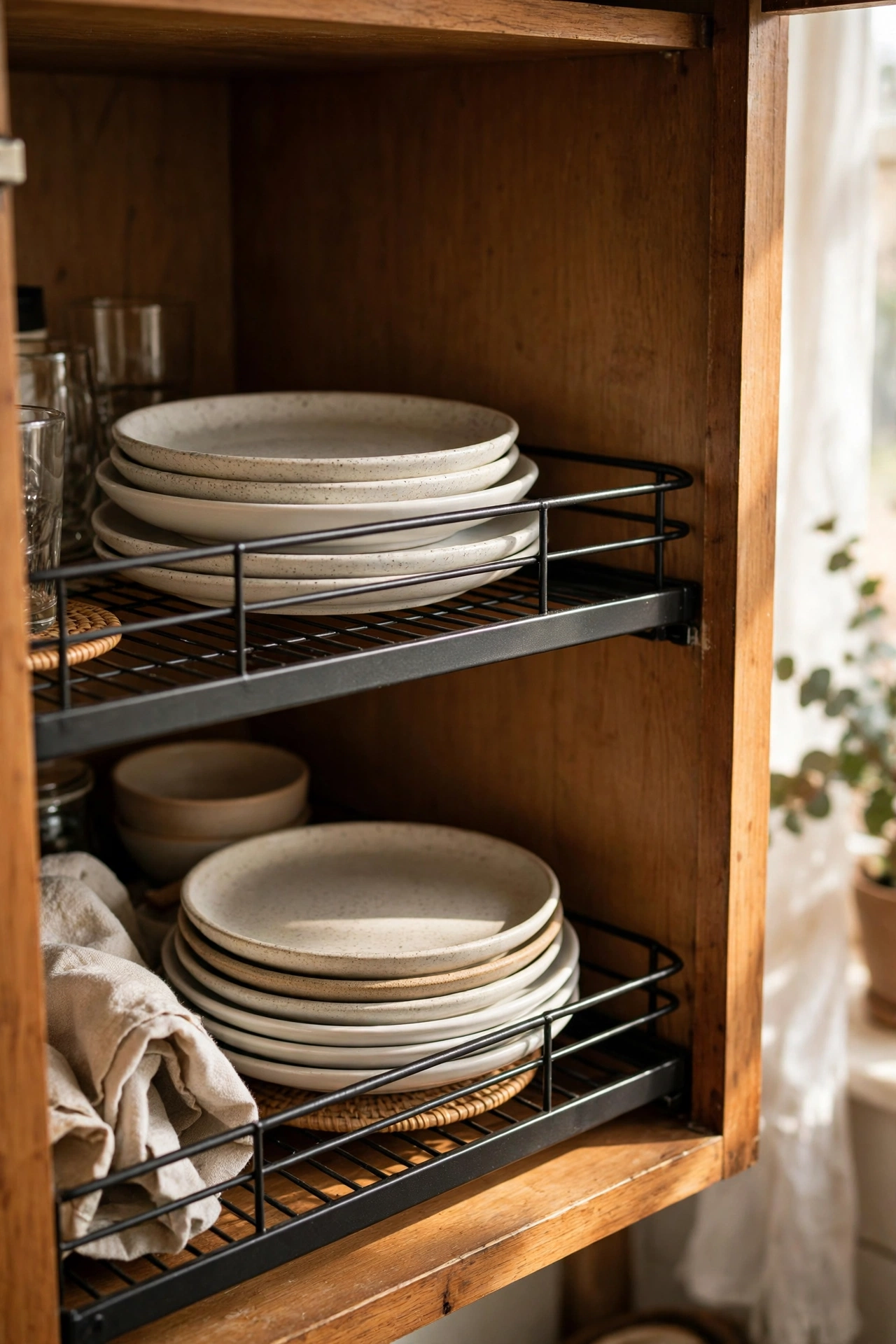 Metal shelf risers doubling plate storage in a kitchen cabinet