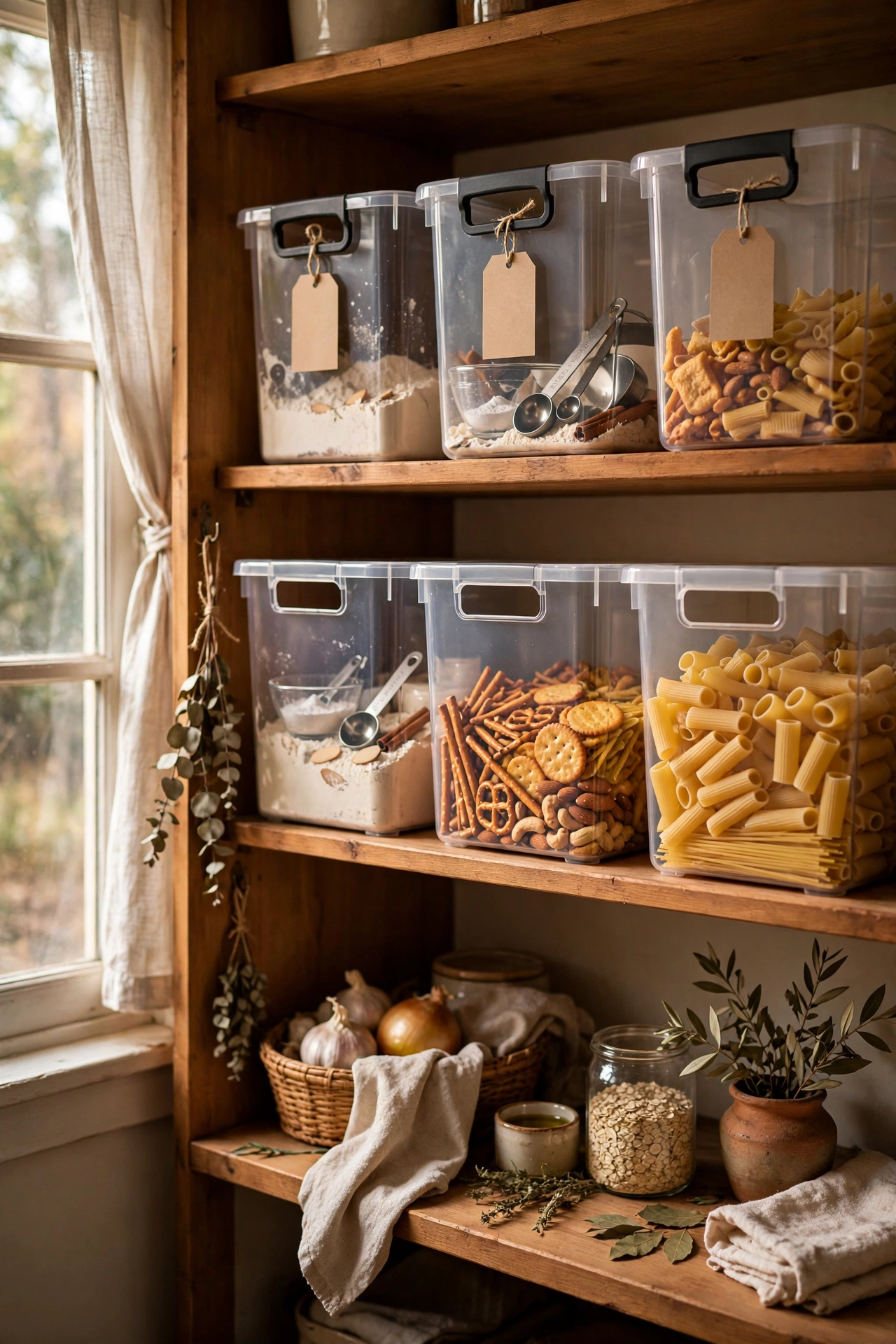 Clear labelled pantry bins sorted by category on shelves